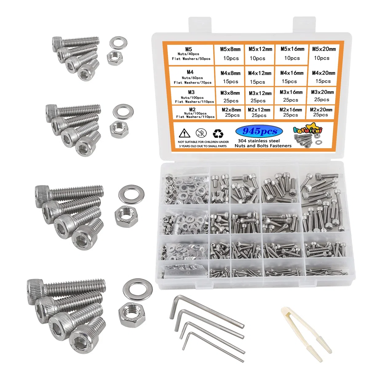 M2 M3 M4 M5 Dadi e Bulloni Rondelle Set Assortito 304 Acciaio Inox Presa Hex Cap Vite Bulloni e Dadi Kit 945pcs Viti a macchina filettata Set di Bullonis Hex Bolt Sets Attrezzi di riparazione