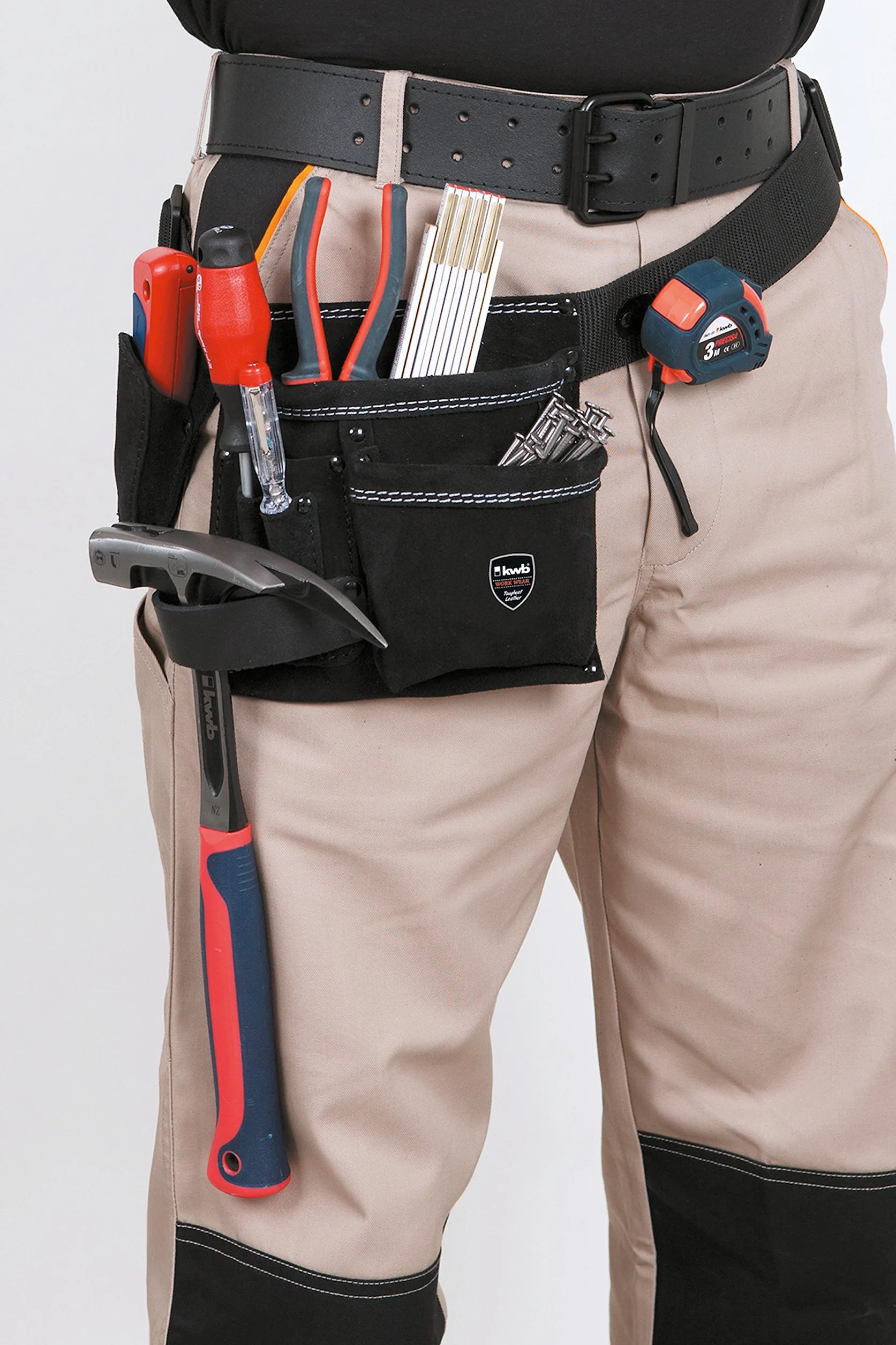 kwb Borsa portautensili in pelle con cintura, versatile borsa per attrezzi per artigiani, professionisti e fai da te, robusta pelle bovina, 5 scomparti, porta martello, tasca per coltelli e supporto