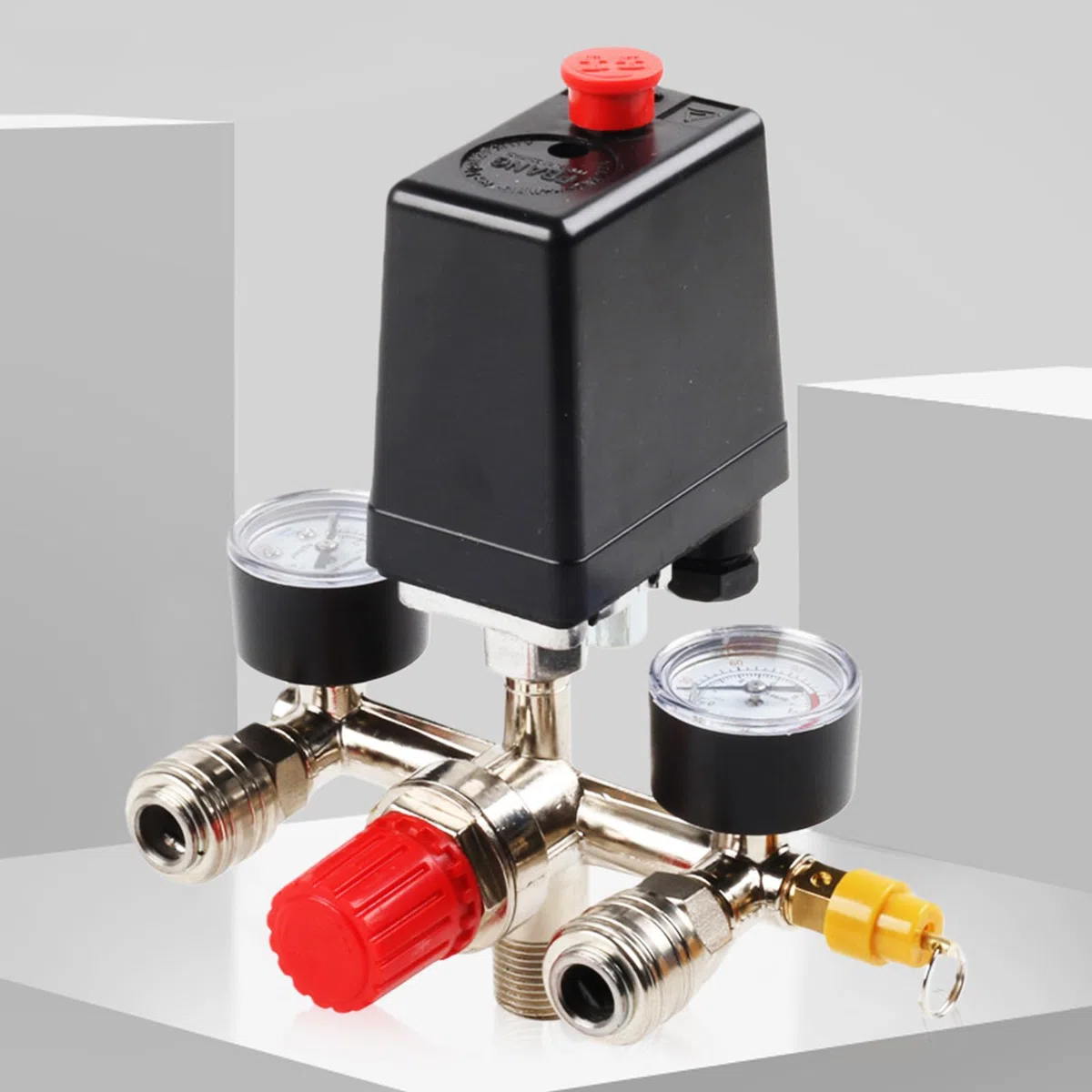Regolatore di pressione Compressore 220V con pressostato, 2 manometri, valvola di sicurezza e 2 giunti, compressore d'aria riduttore di pressione con filettatura esterna da 1/2', pezzo di ricambio per