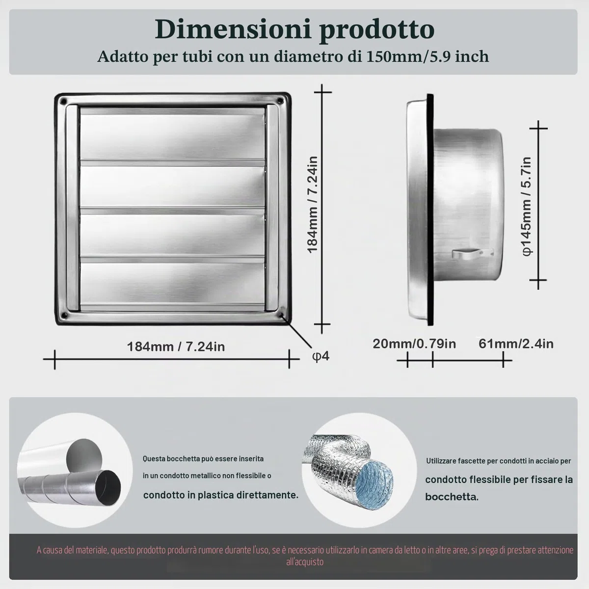 Griglia di ventilazione 150 mm, griglia di scarico esterna in acciaio inox 304, griglia di ventilazione con protezione dagli insetti (griglia fissa), Griglia Di Ventilazione Con Lamelle Mobili