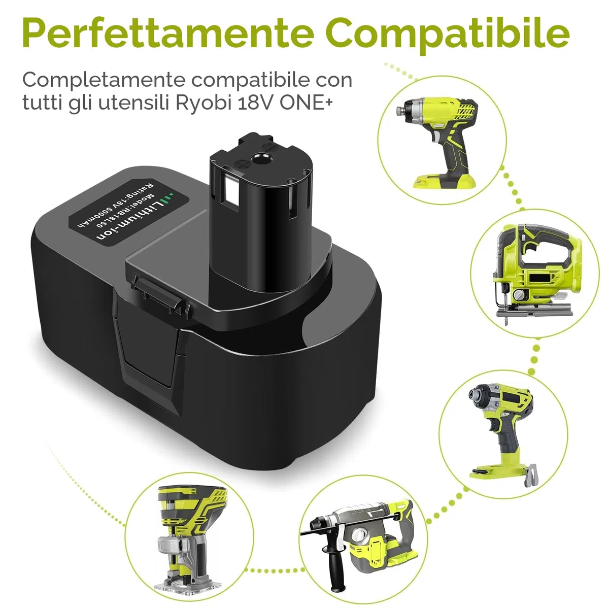 ASUNCELL Batteria agli ioni di litio da 18 V 5,0 Ah per Ryobi One +, batteria agli ioni di litio per Ryobi BPL-1815 BPL-1820G BPL1820 BPL18151 P102 P103 P104 P105 P106 P107 P108