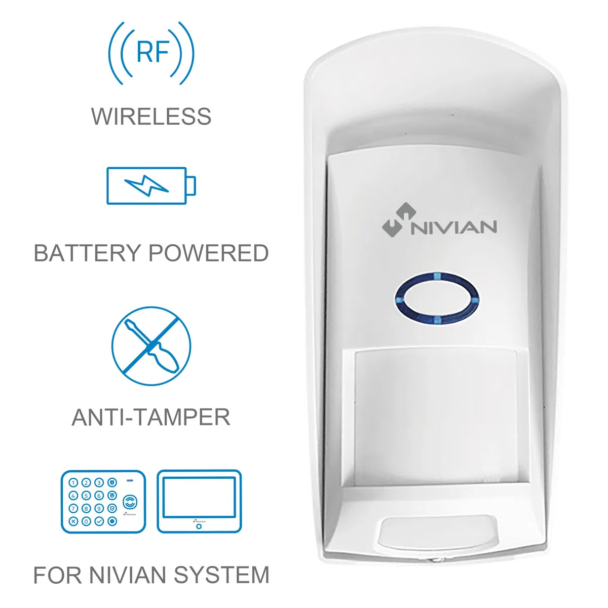 NIVIAN Sensore di Movimento da Esterno Wireless 433 MHz – Rilevatore Presenza PIR Infrarossi, Immunità Animali <25Kg, Portata 150m, Funzionamento a Batterie