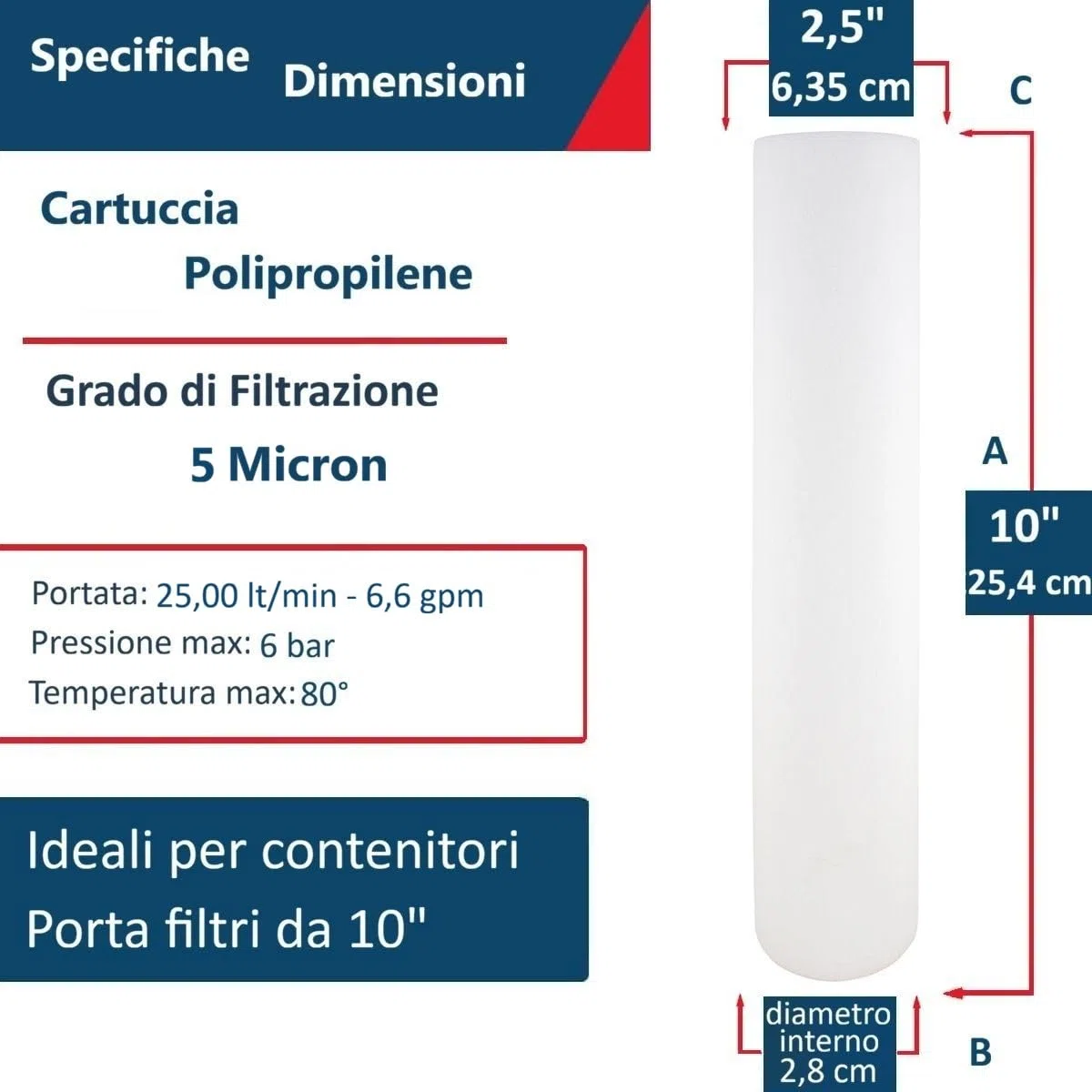 FILTRIACQUAITALIA Cartuccia Filtro A SEDIMENTI 10 Pollici Micron 5 per OSMOSI INVERSA DEPURATORE Acqua Set 6 Pezzi