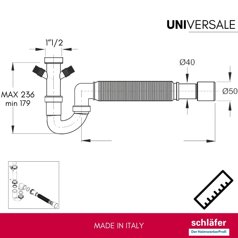 Schläfer 439305 | Sifone Universale con tubo flessibile Raccordo 1"1/2, Doppio Attacco per Lavastoviglie o Lavatrice, Connessione Usciata a Parete Diam. 40/50mm, Scarico Autopulente. Bianco