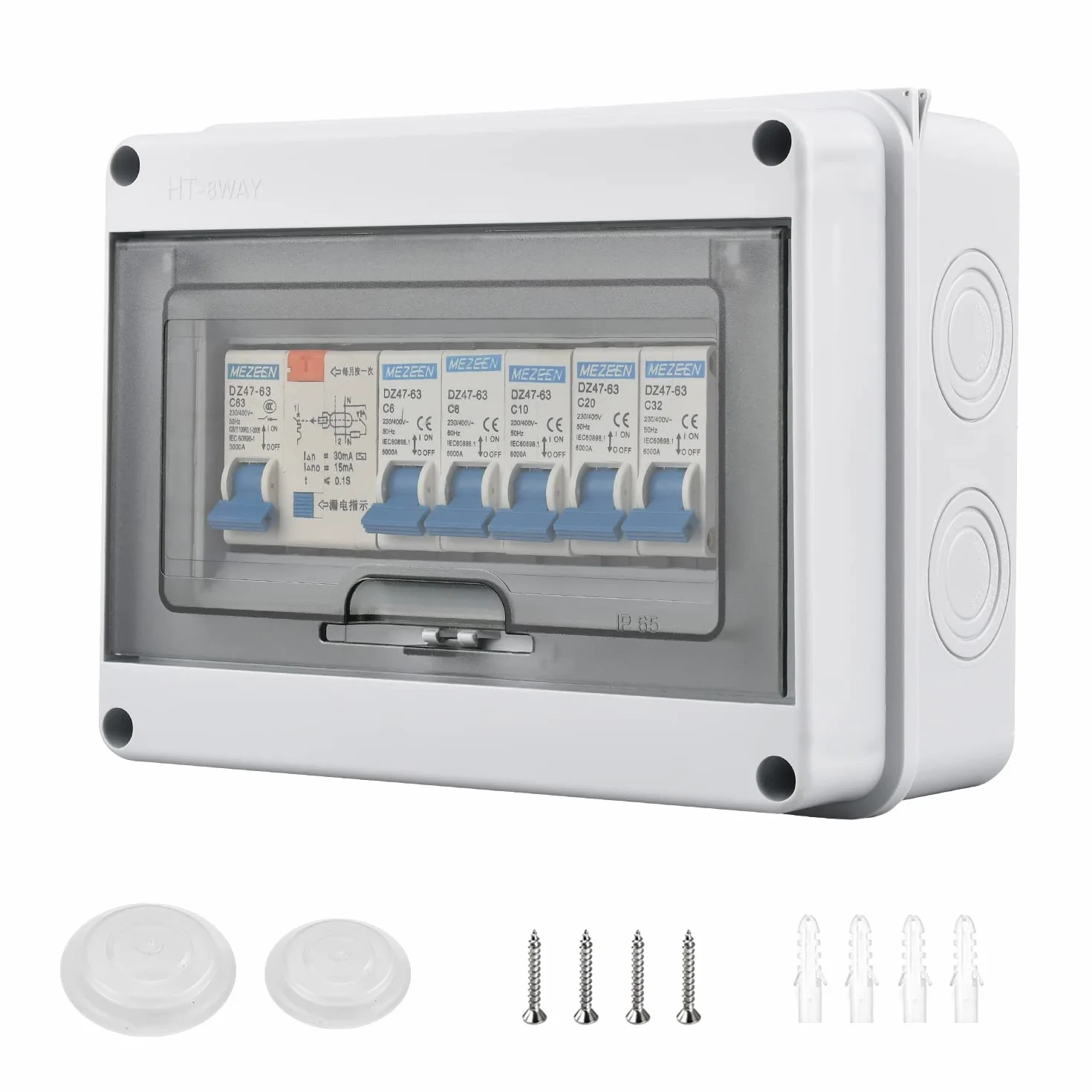 Scatola Elettrica da Esterno IP65, con 5 Vie Interruttore Dell'aria 2x6A+1x10A+1x20A+1x32A, Impermeabile Quadro Elettrico 63A, per Essere Utilizzato All'interno e All'esterno