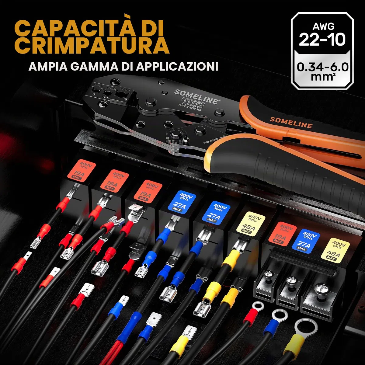 SOMELINE Pinze Crimpatrici per Connettori Elettrici Isolati per 0,34-6 mm² Attrezzo Crimpare, Capicorda Elettrici a Crimpare, Pinza Capicorda, Pinza per Capicorda, Strumento Crimpatura Capicorda