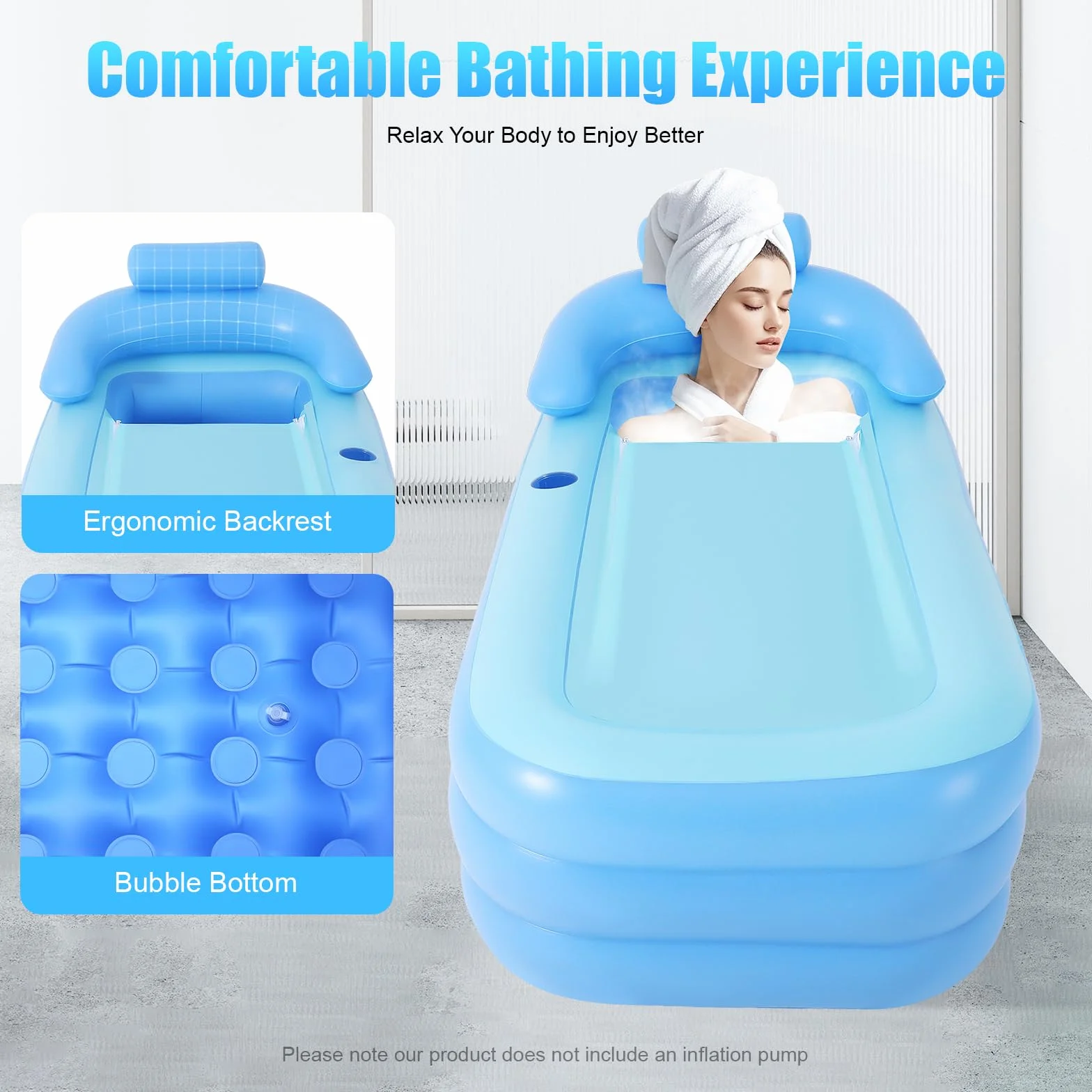 Vasca da bagno pieghevole per adulti con cuscino per il collo, robusta vasca a 3 camere senza pompa, piscina mobile spa per giardino, balcone e campeggio