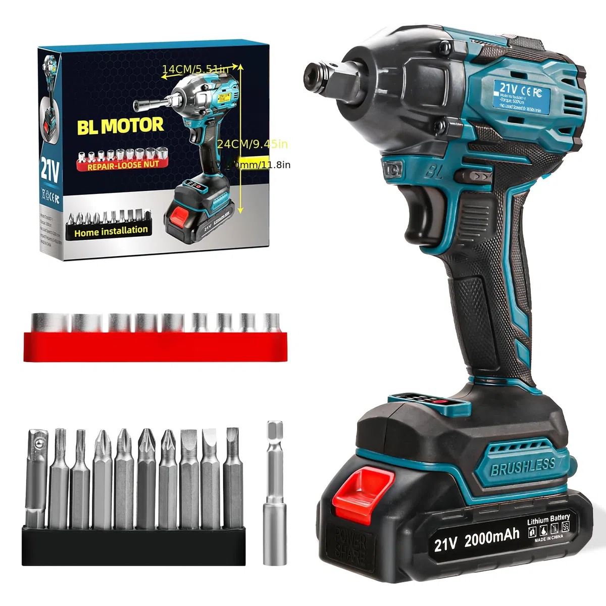 Chiave a percussione senza fili 300 N.m, 21V, Power Impact Driver a coppia, pistola a percussione brushless da 1/2" con batteria da 2,0 Ah, 19 accessori, motore elettrico a percussione a velocità