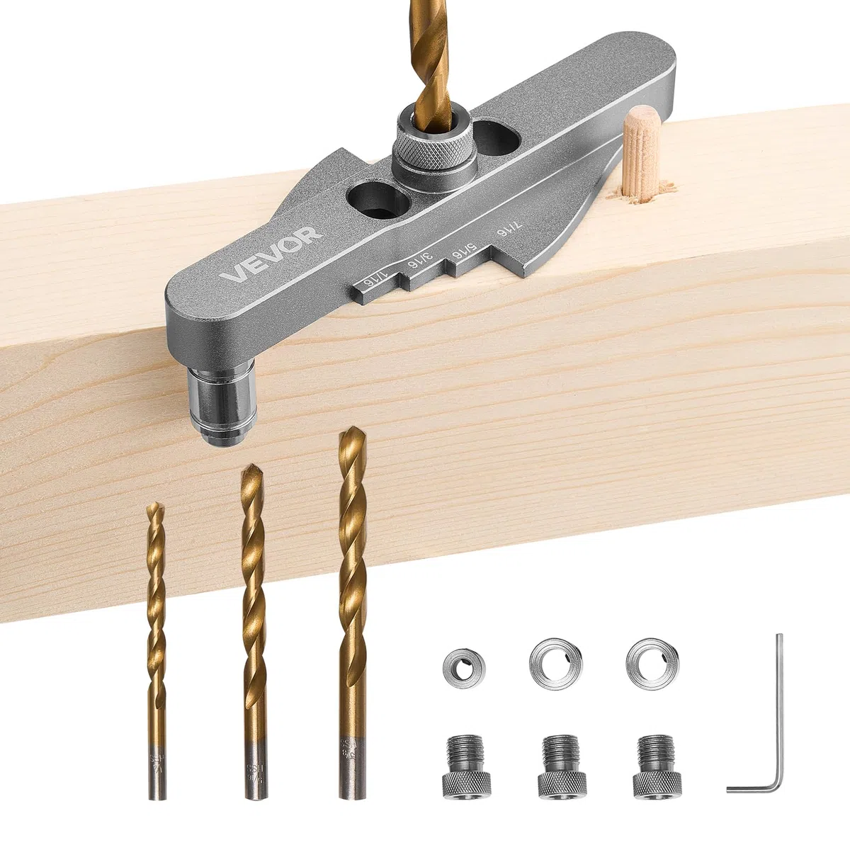 VEVOR Kit di Punte per Tasselli, Lega di Alluminio, Dima per Guida di Foratura, con Set di Punte da Trapano da 6,4 mm 7,9 mm 9,5 mm e Set di Collare di Arresto per Punte da Trapano