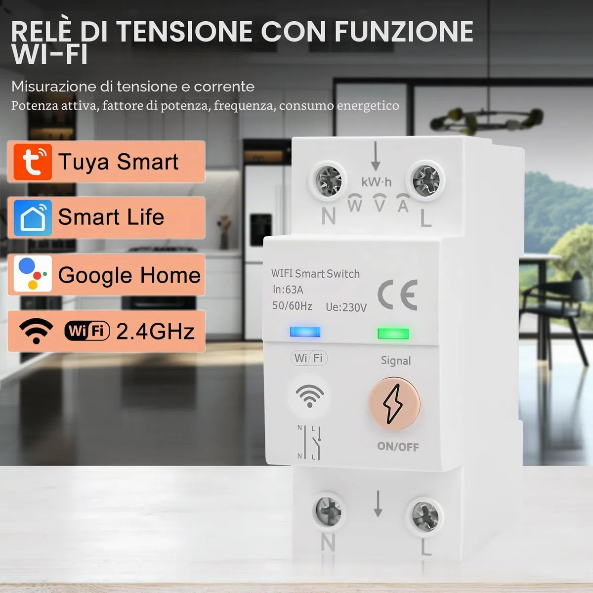 Magnetotermico WiFi Tuya Smart Interruttore Smart WiFi 63A 80-300V AC Interruttore su Guida DIN Controllo Vocale Misurazione Dell'energia Sovratensione Sovracorrente Protezione (Versione inglese)