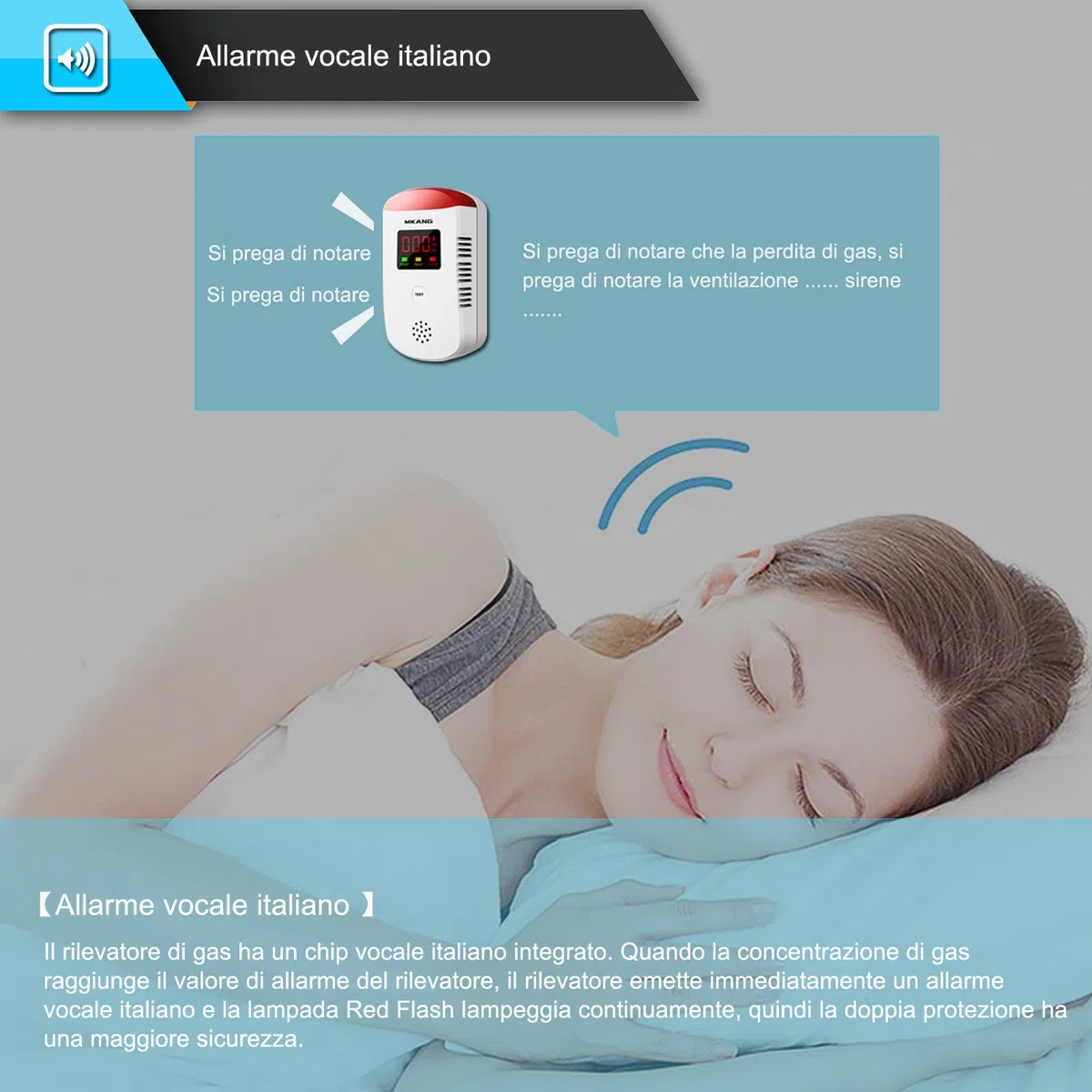 MKANG Rilevatore di perdite di gas GPL/naturale/metano/propano/butano/combustibile plug-in domestico con allarme vocale italiano e display di concentrazione di gas