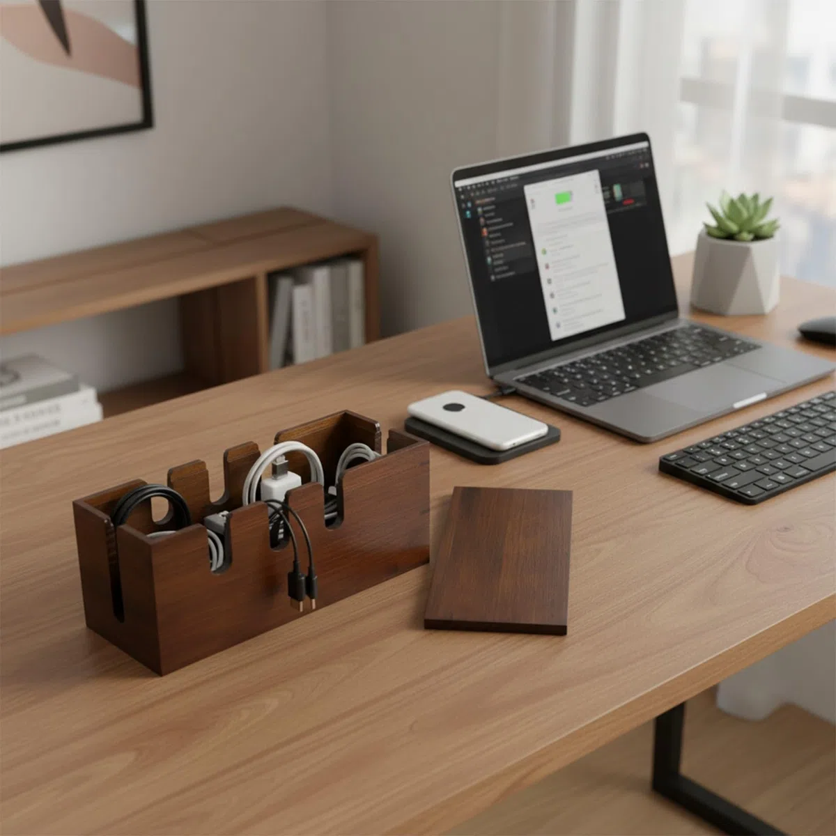 Scatola per la gestione dei cavi in legno massello con scheda plug-in, organizer per cavi e dispositivi, robusto hub di archiviazione in legno per scrivania di casa e ufficio, 31 x 13 x 12 cm (marrone