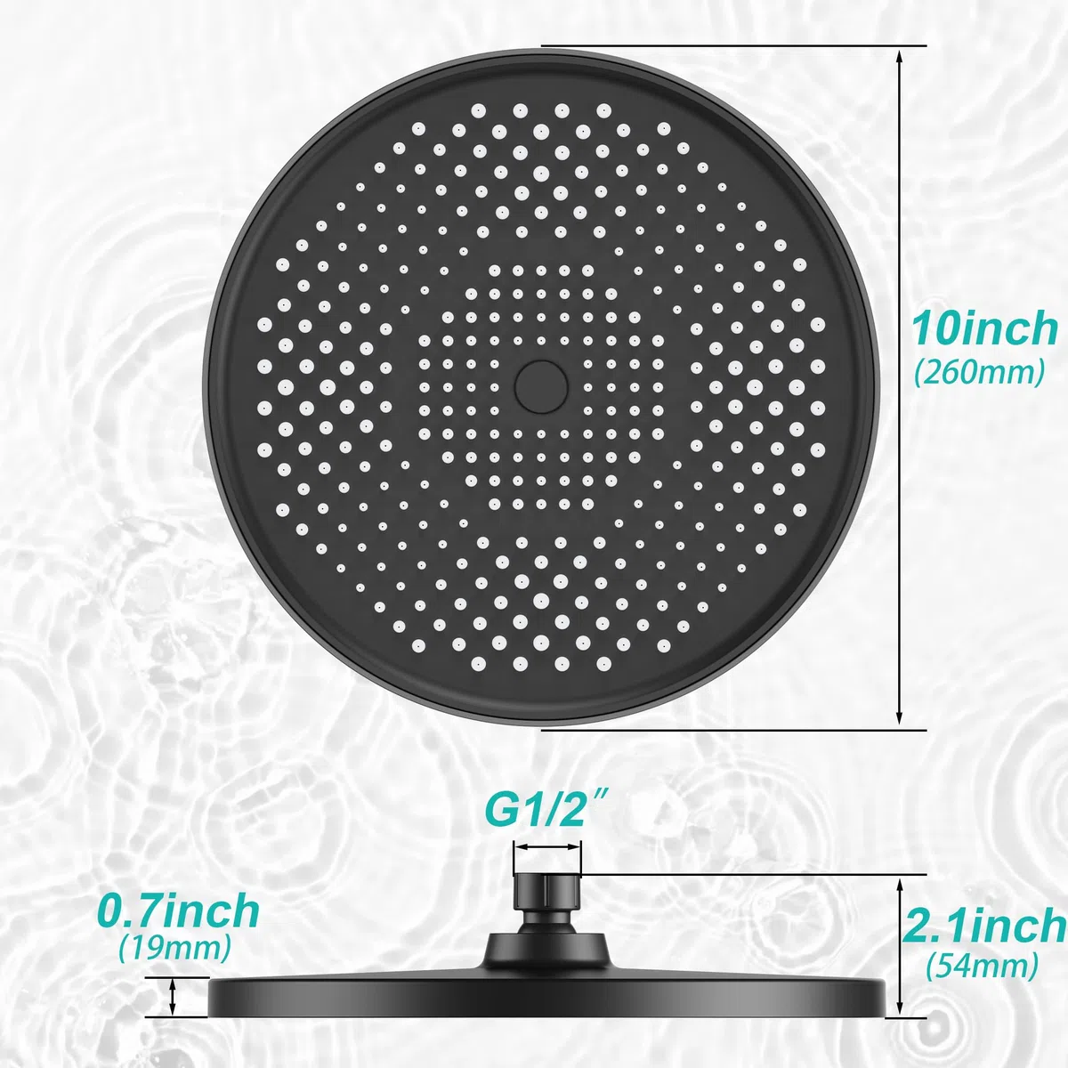 Soffione doccia a pioggia, 10 pollici, a risparmio energetico, universale, con ugelli anticalcare, soffione rotondo grande, Ø 26 cm, stabile ABS nero