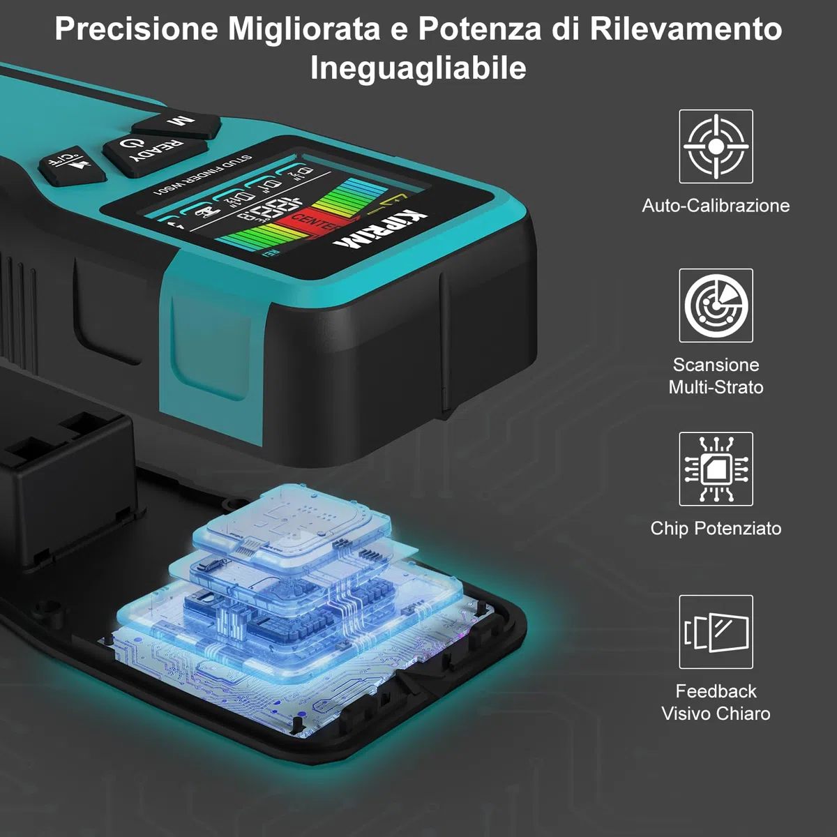 KIPRIM Stud Finder, 5 in 1 Rilevatore di Metalli e Travi, Profondità Metalli 45mm/AC Cavi 70mm, Rileva Legno (13/25/38mm), Schermo LCD, IP54 WS01