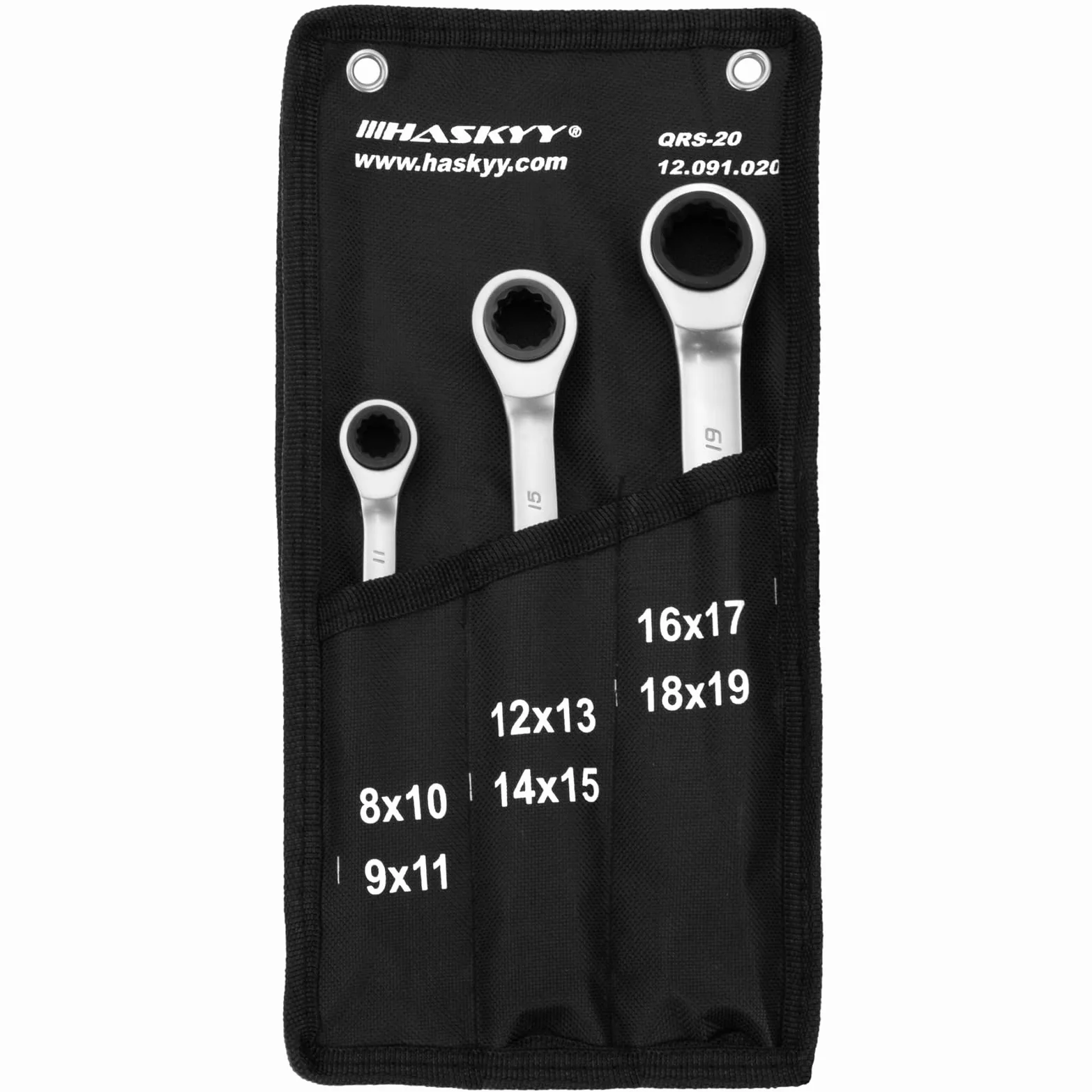 HASKYY - Set di chiavi a cricchetto a doppio anello, 3 pezzi, SW 8-19 mm in sacchetto di sistema I 8-10x9-11 I 12-13x14-15 I 16-17x18-19