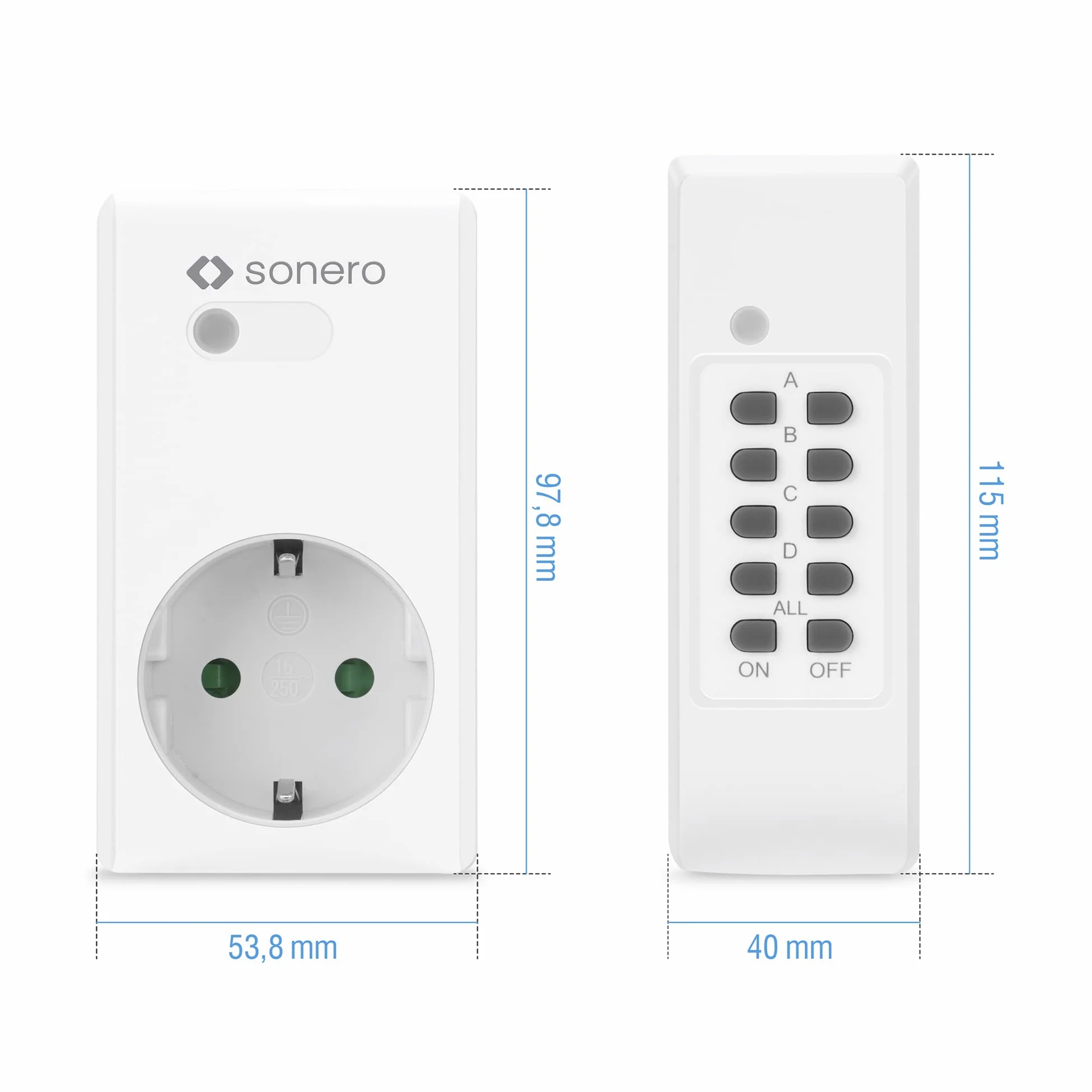 Sonero set di prese radiocomandate: 4x presa radiocomandata e 1x radiocomando, 1100 watt, portata massima 30m, interno, bianco
