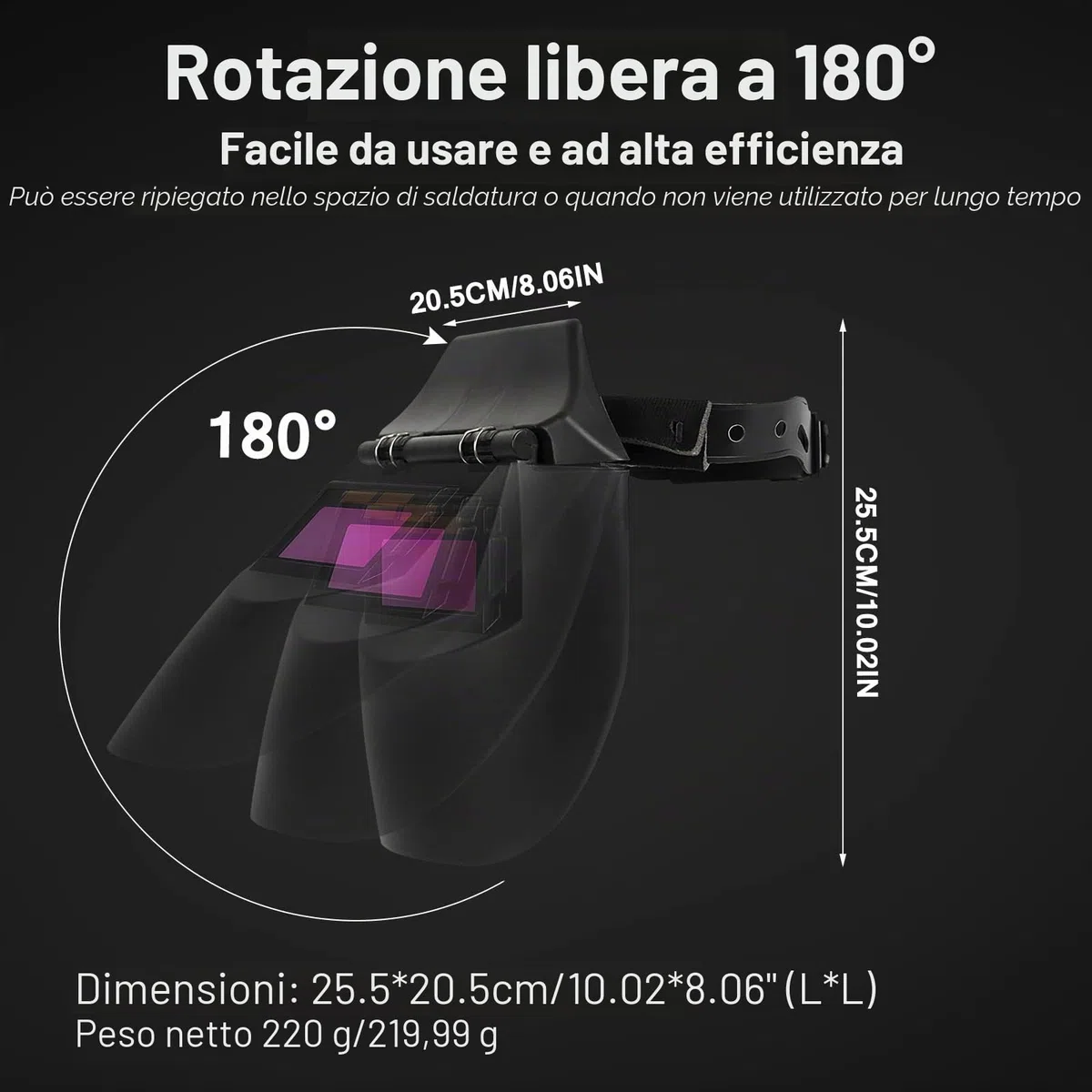 ALLOMN Maschera per Saldatura, Casco per Saldatura Solare Testa a Testa Regolare Casco Oscurante Automatico, Sensore ad Alta Sensibilità, Solare Motorizzato (Con 2 Pad)