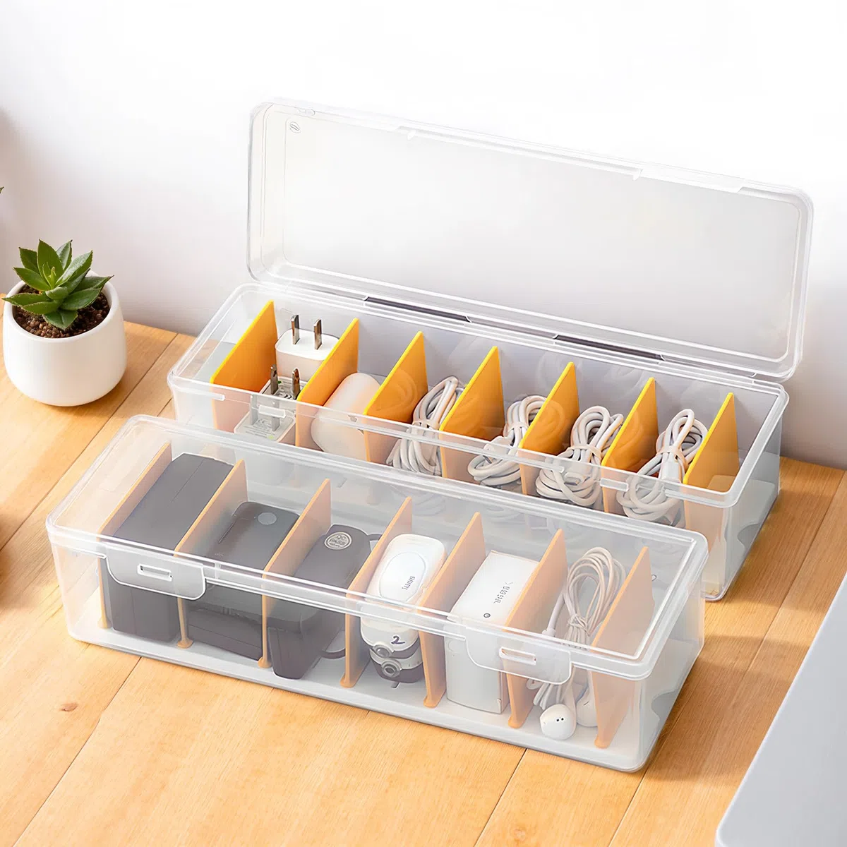PAVSTINE Scatola Porta Cavi, 2 Pezzi Organizer Cavi Plastica Trasparente, Organizzatore Sono Presenti 7 Divisori Rimovibili, Personalizzabile Organizer