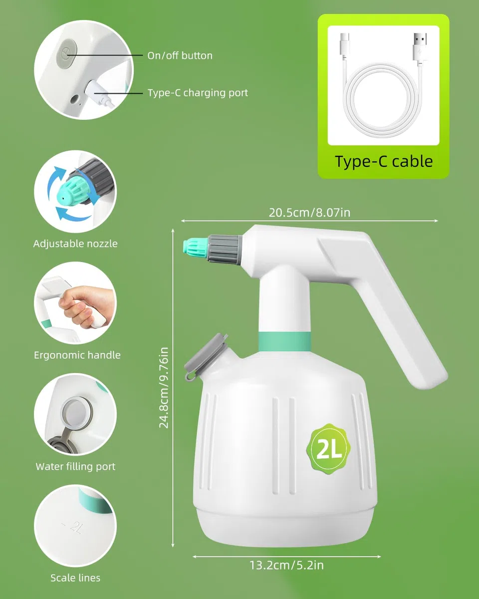 Spruzzatore Elettrico Ricaricabile 2L, Uten Spruzzatore da Giardino con Ugello Regolabile, Nebbia & Getto Automatico, per Piante, Pulizia, Auto