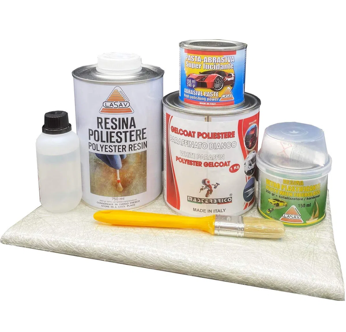 Kit riparazione barche e piscine in vetroresina formato da Resina liquida catalizzatore Foglio in fibra 1 mq Gelcoat paraffinato bianco stucco resina pasta abrasiva per lucidare pennello