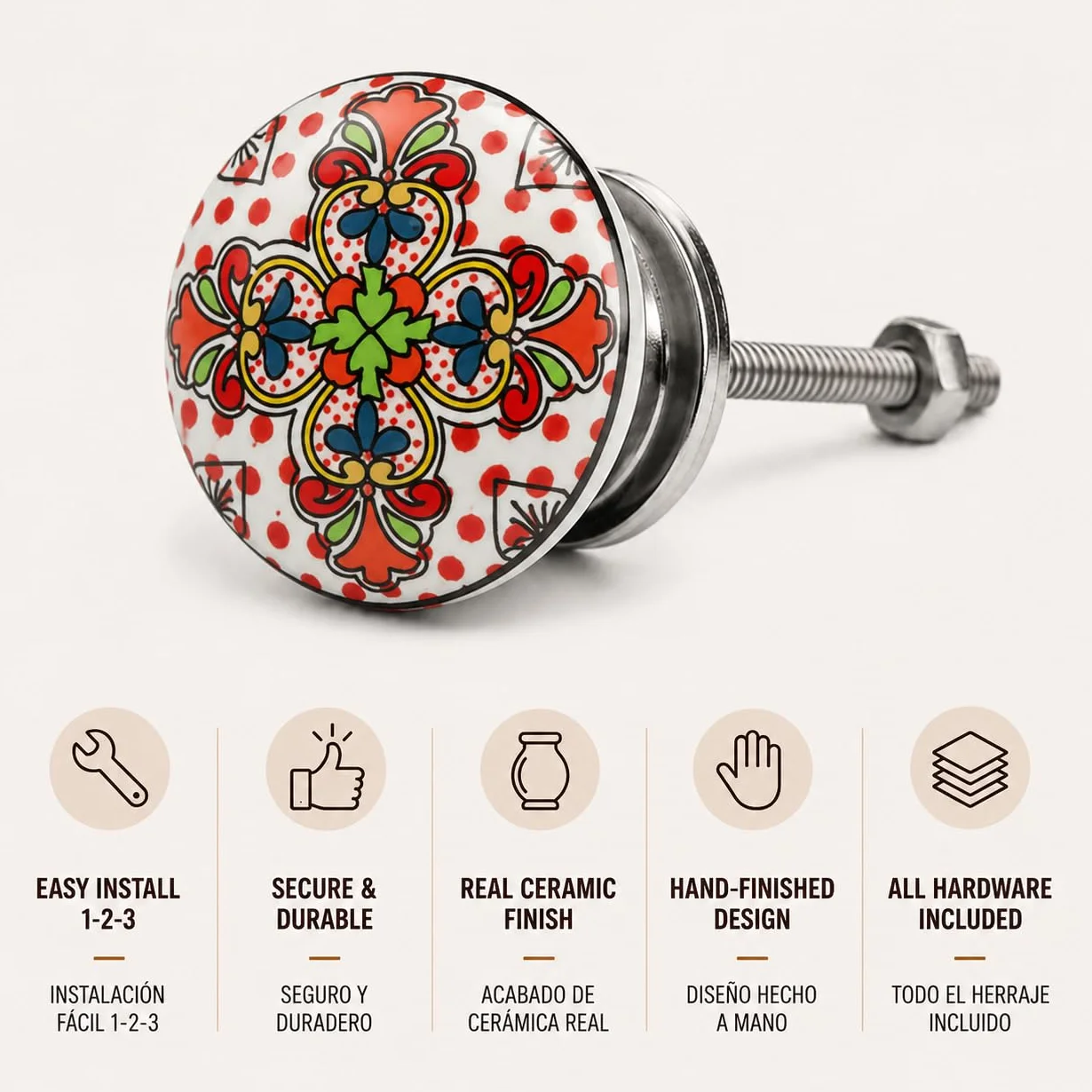 Set di 10 pomelli in ceramica con diversi disegni floreali vintage, dipinti a mano. Maniglie artigianali per armadi, cassetti, cassettiere e appendiabiti. Pomelli classici da 40 mm di diametro.