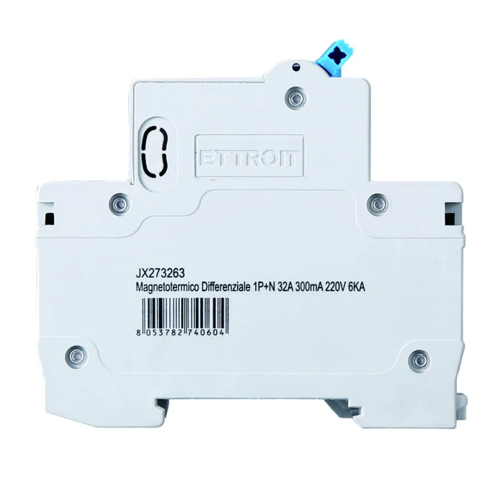 230V 32A C32, INTERRUTTORE MAGNETOTERMICO DIFFERENZIALE SALVAVITA, 1P+N, MONTAGGIO SU BARRA DIN, 2 MODULI, 300mA, 6KA 6000A, RCBO, 240VAC