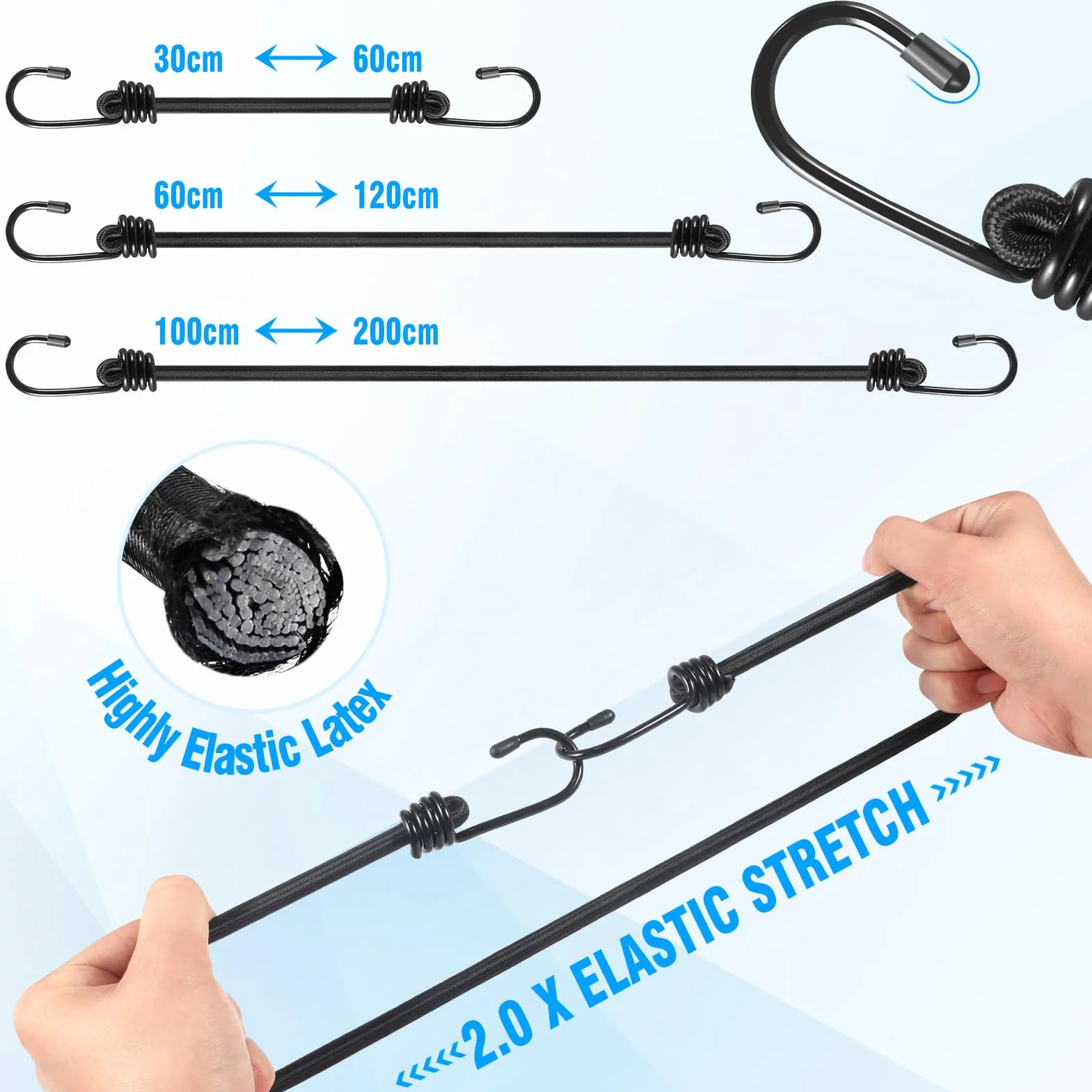 moinkerin Cinghie Corde Elastiche con Gancio,12 Pezzi 30CM Corda Elastica Resistente Gancio Elastico per il Fissaggio di Bagagli, Portabagagli, Campeggi, Motociclette e Teloni