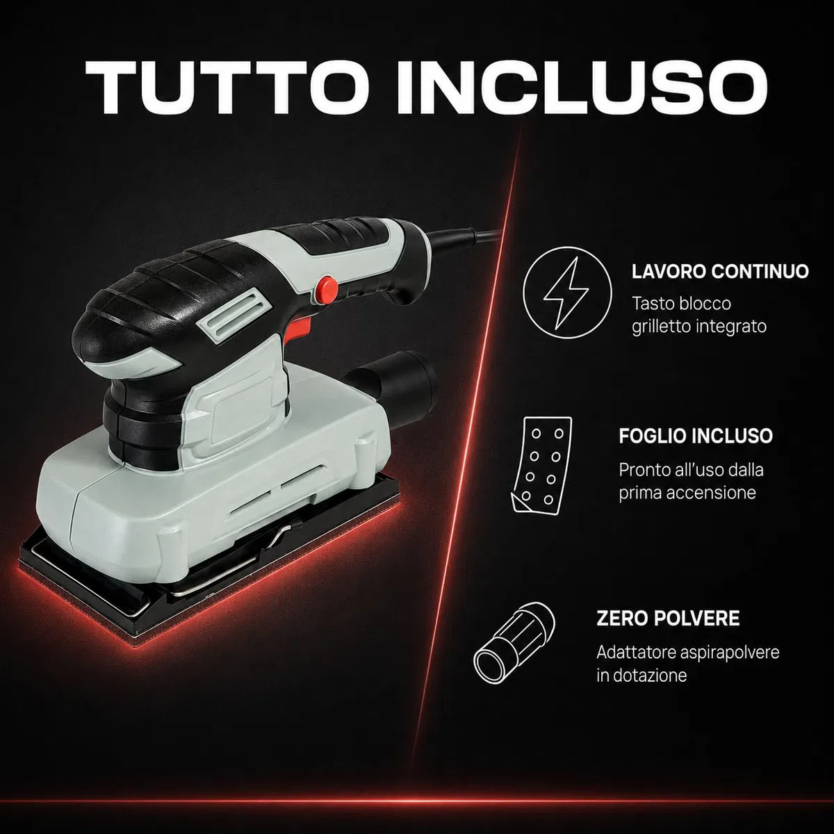 KOMBO - Levigatrice Orbitale 135W – 11.000 Giri/min, Piastra 90x187 mm, Oscillazione 2 mm, Flusso Continuo – Inclusi Foglio Abrasivo e Adattatore per Aspirapolvere
