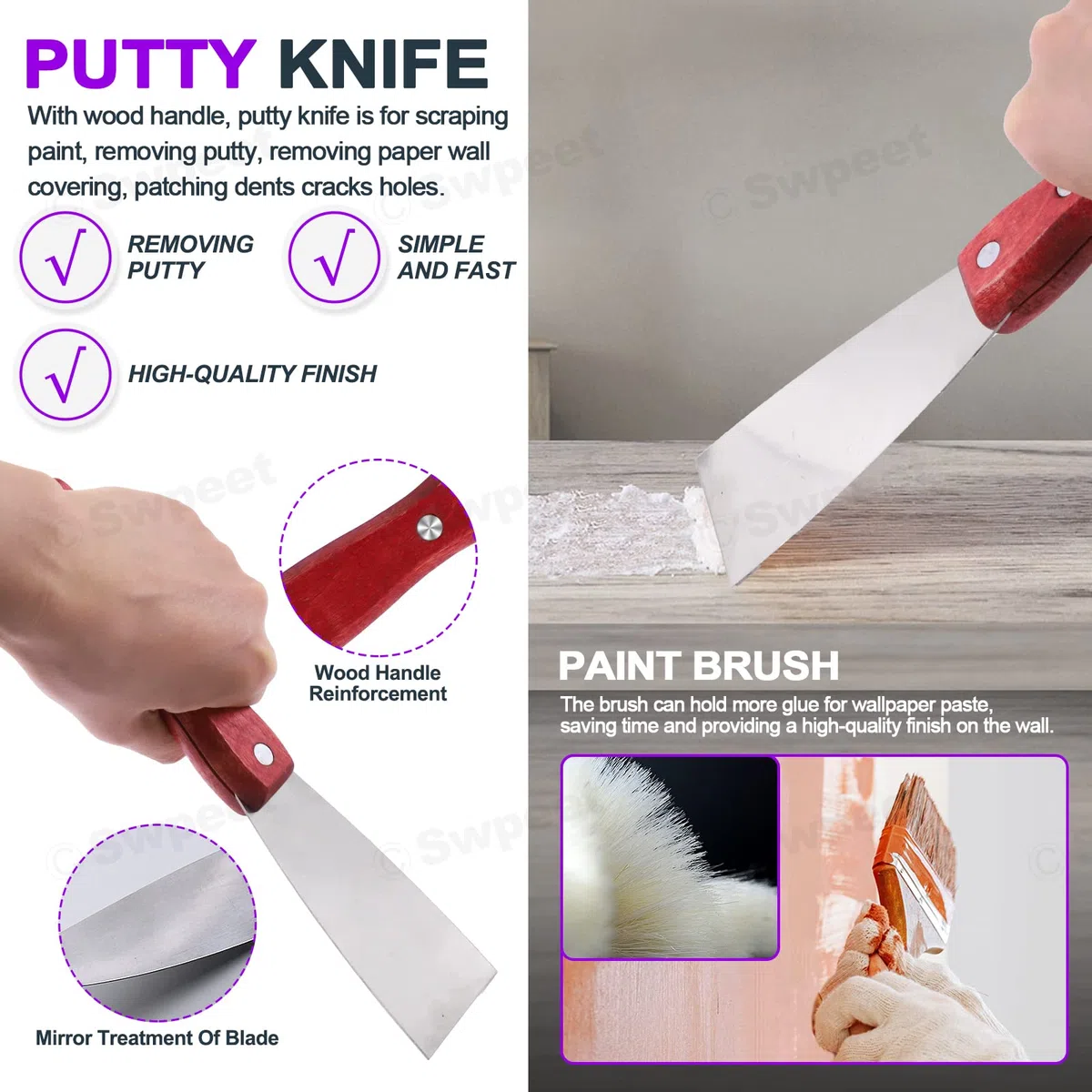 Swpeet 9Pcs Carta da Parati Piatta Cuoio Rullo con Assortiti Strumenti di Carta da Parati Kit, Corner Roller Putty Coltello Pennello di Vernice in Legno Artigianato Coltello Squeegees Blu