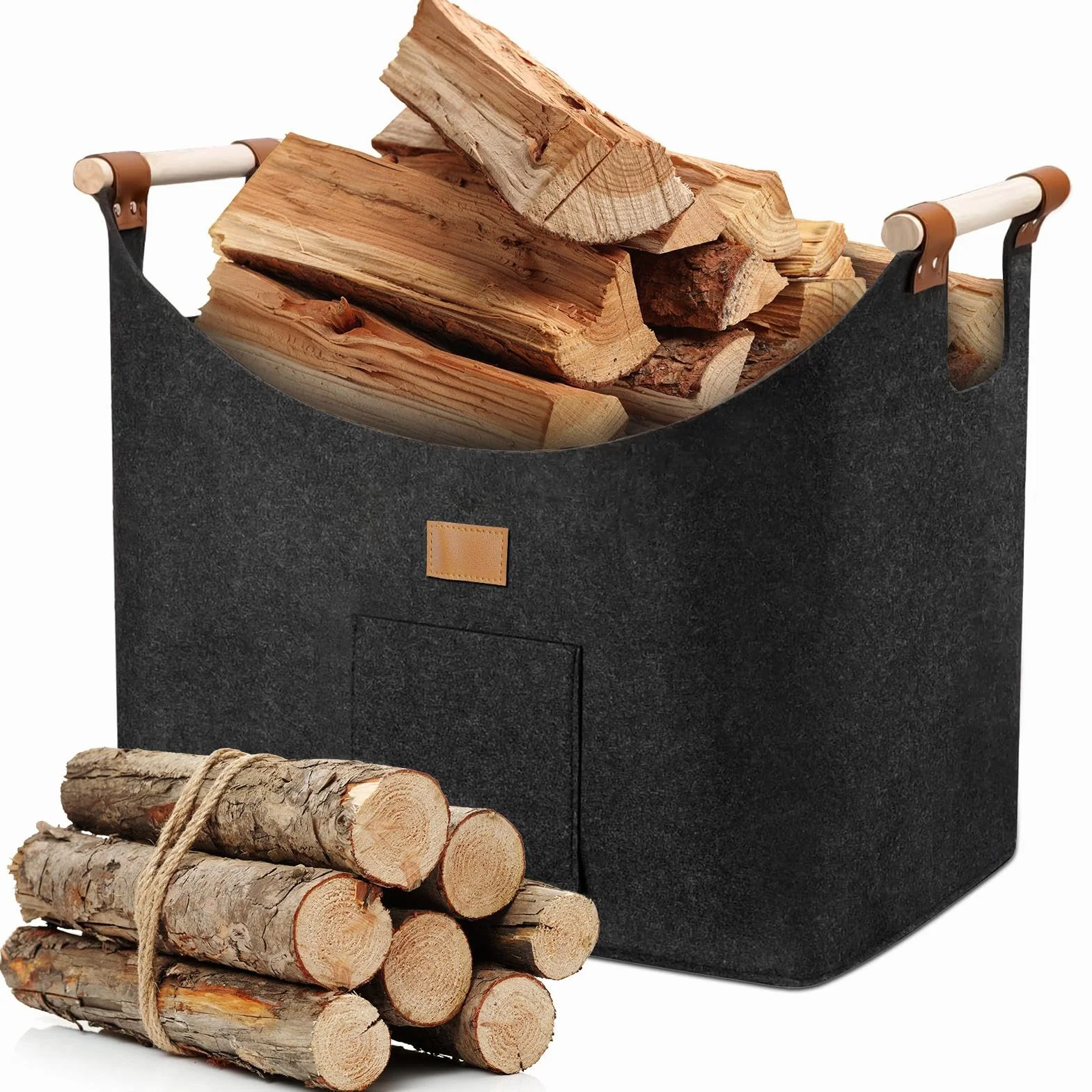 96LCesto Portalegna, Borsa In Feltro per Legna da Ardere, Pieghevole Borsa Porta Legna, Cesta Legnas Camino con Tasca Laterale, Cesta Porta Legnas, 60x40x40Cesta Legnas da Interno,Grigio Scuro