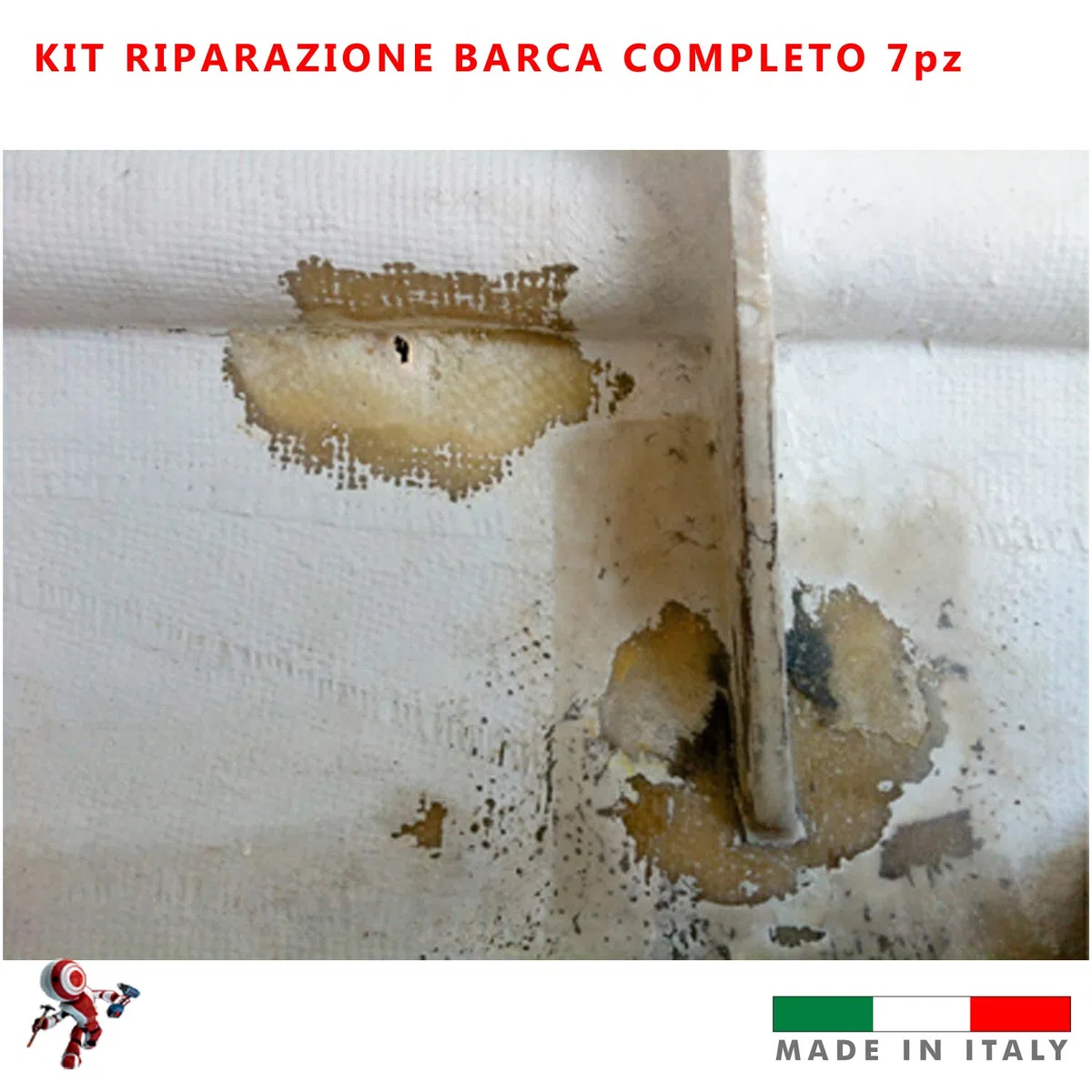 Kit riparazione barche e piscine in vetroresina formato da Resina liquida catalizzatore Foglio in fibra 1 mq Gelcoat paraffinato bianco stucco resina pasta abrasiva per lucidare pennello