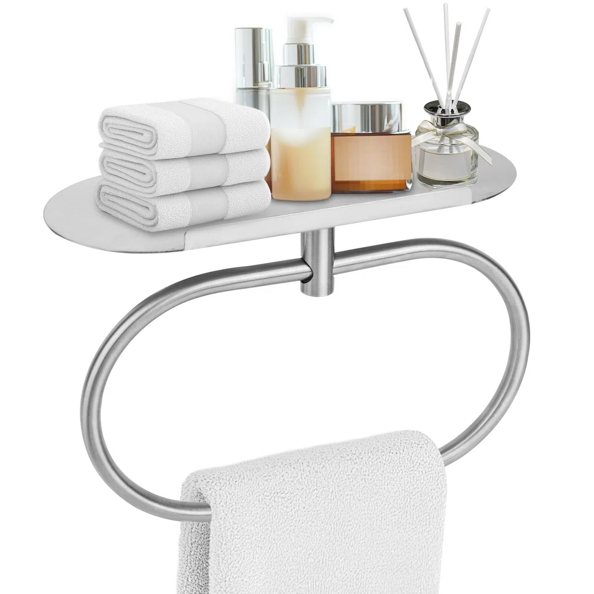Tinoaly Portasciugamani con Mensola, Ovale Resistente in Acciaio Inox 304 Adesivo Portasciugamani Bagno Anelli Parete Pratico Accessorio Cucina e Bagno(Argento)