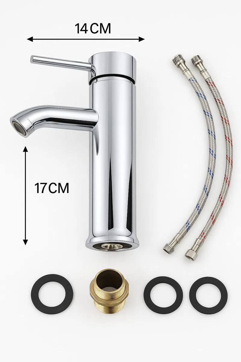 Rubinetto Miscelatore Lavabo Lavandino Bidet Bagno Cromato Altezza 17 cm con Tubi Flessibili e Kit Installazione Design Moderno per Bagno Domestico e Professionale