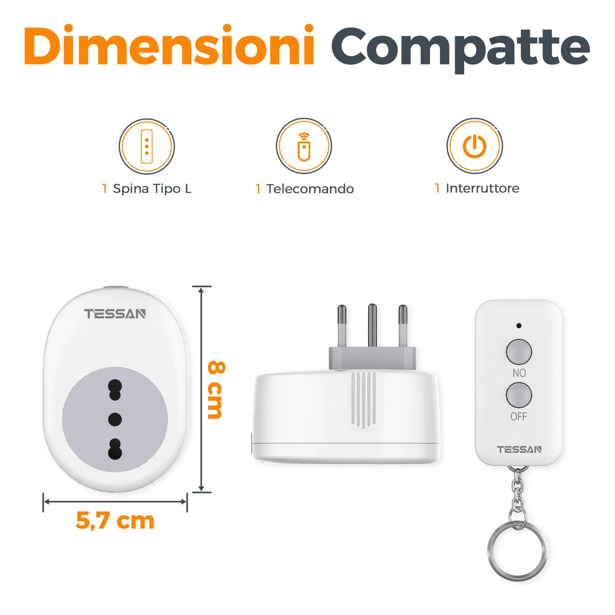 TESSAN Presa con Telecomando, Prese con Interruttore, Portata 30 M, Spina con Telecomando per Luci a Stringa da Interno, Lampade, Presa Wireless Italiana 16A per Elettrodomestici, 3680W