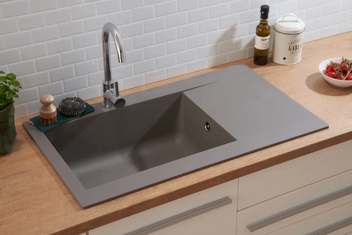 Respekta Lavello da Cucina Denver in Mineralite Color Grigio Antracite, Lavello da Incasso con 1 vasca, dimensioni 86 x 50 cm, Lavello Adatto per Mobili Sottolavello da 60 cm di Larghezza