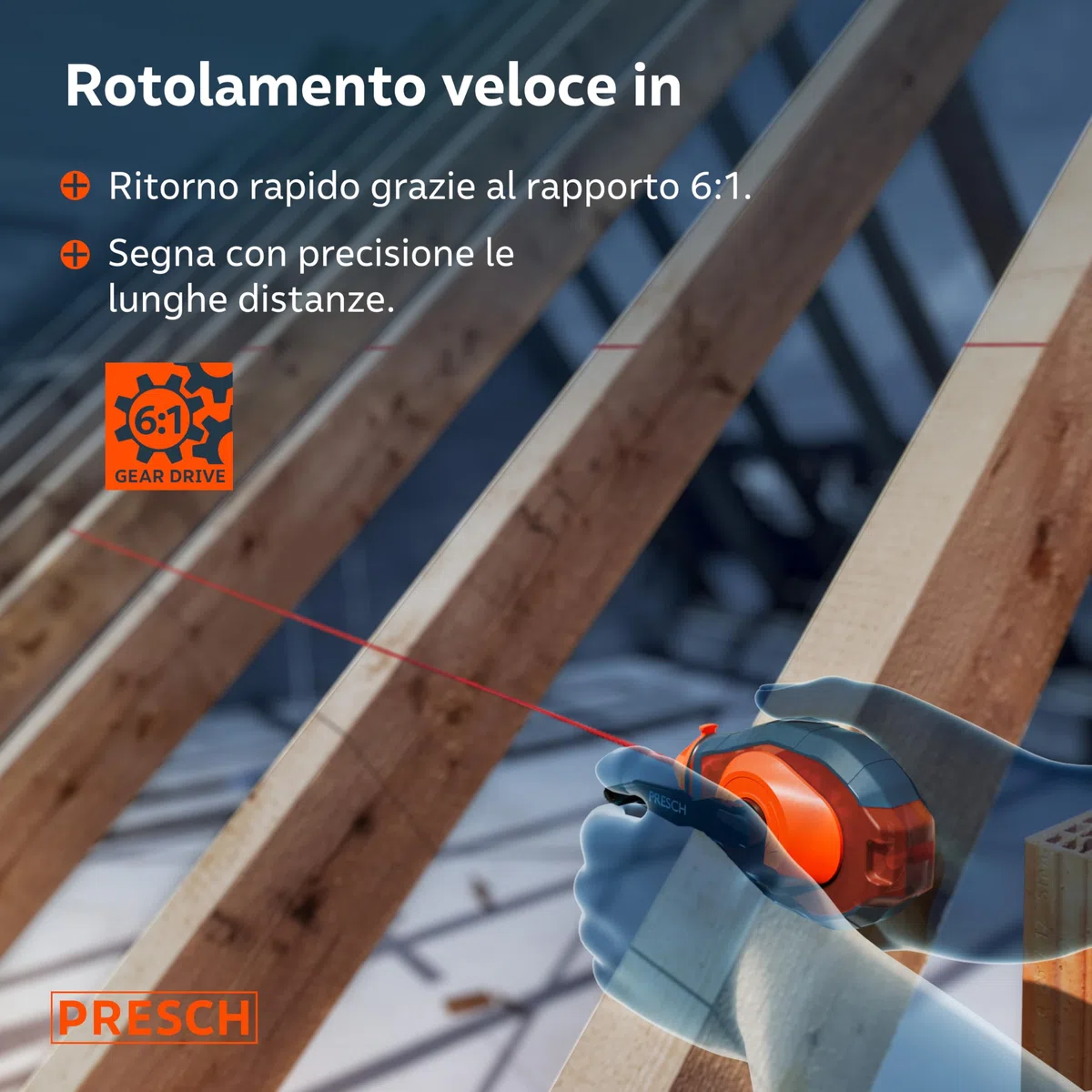 PRESCH Tracciatore a Filo da 30m con gesso rosso (150g) - Ritrazione rapida grazie al cambio 6:1 - Idrorepellente e resistente - Linea robusta per linee precise