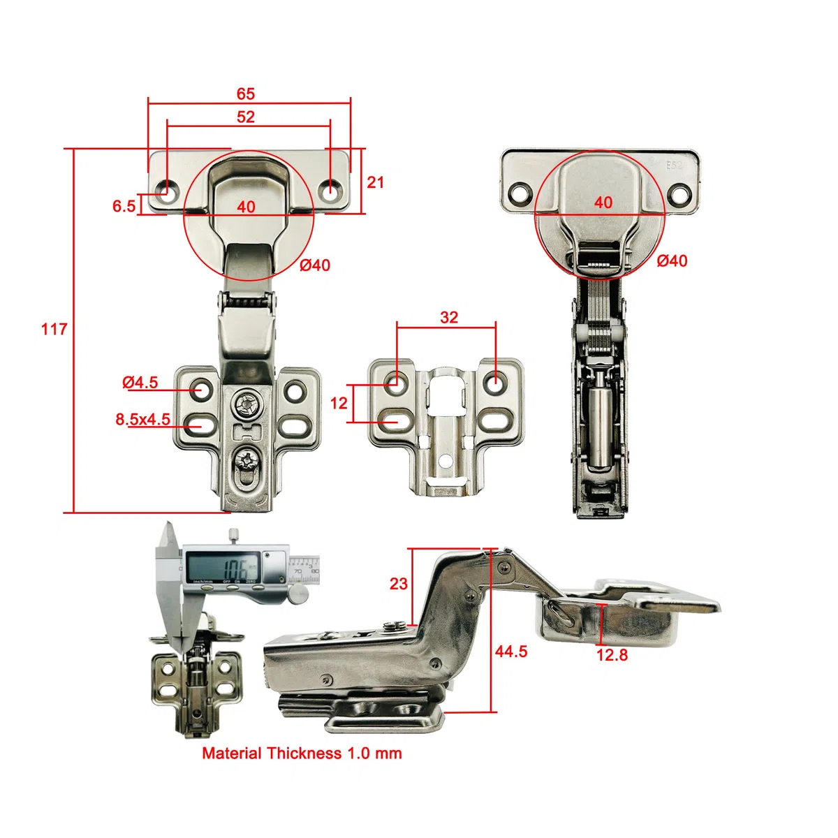 95 Grado Battuta Interna Forte Cerniere 40mm con Ammortizzatore per Porte Pesanti e Spesse Soft Close Cerniera per Cucina Armadio Porta Ante Mobili Paracolpi 8 Pezzi