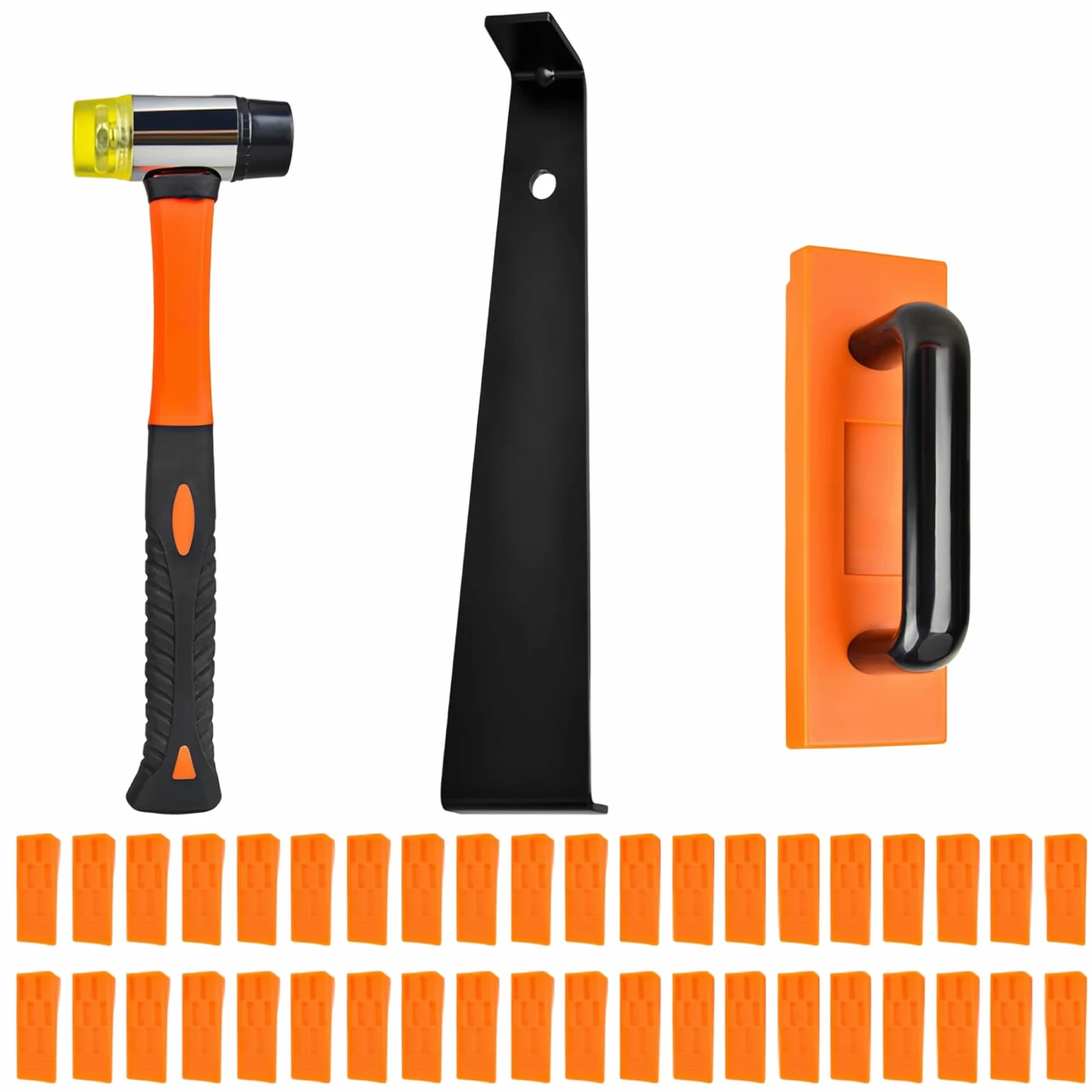 Laminato Pavimento Incastro, 43 Pezzi Kit Montaggio Laminato, 198 mm Accessori per la Posa di Pavimenti, 1 Blocco di Battuta, 1 Barra di Trazione, 40 Distanziatori, 1 Martello a Doppia Testa