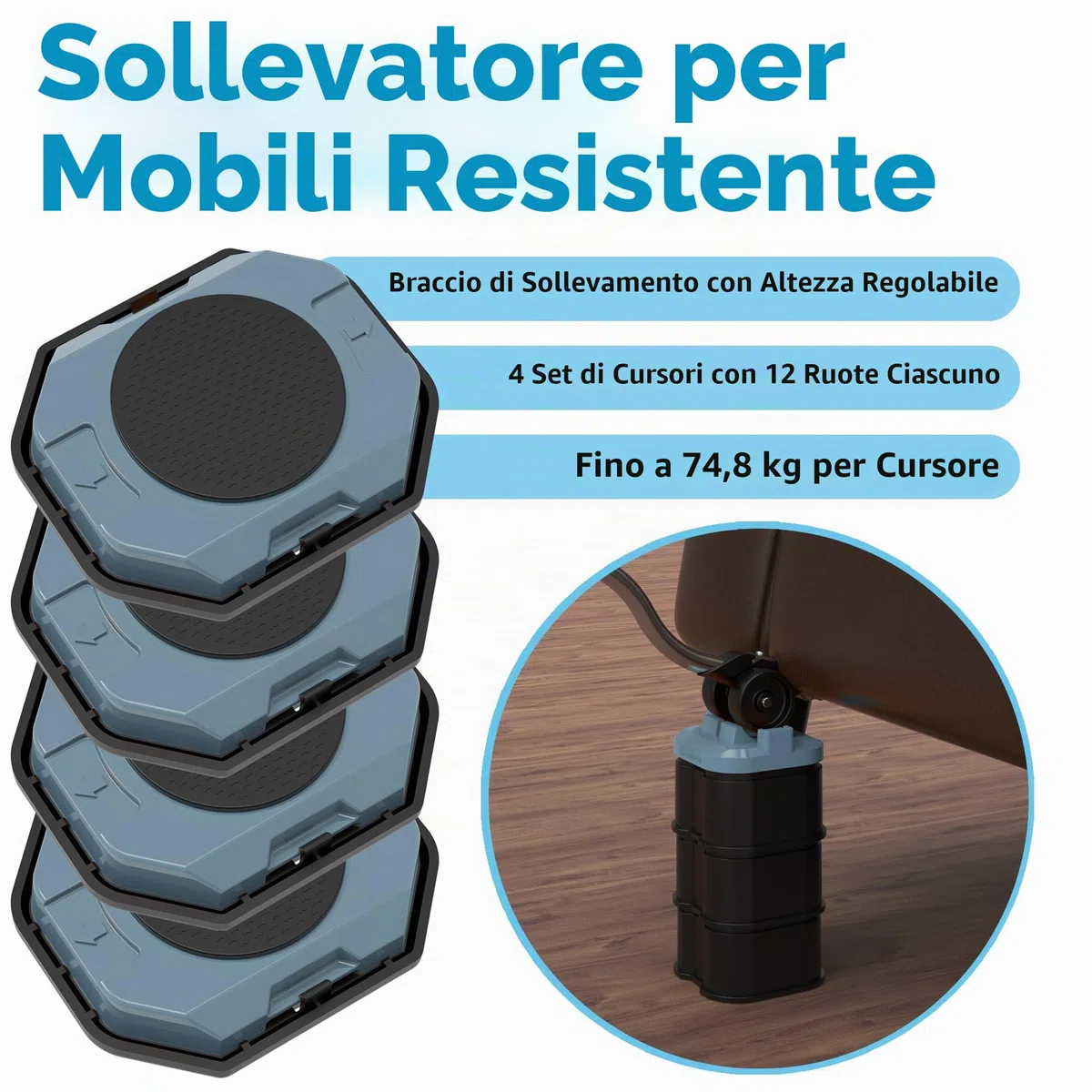 L'innovativo Sollevatore e Aliante per Mobili Pesanti, con controllo dell'altezza, sposta facilmente oggetti pesanti su pavimenti in legno e moquette (Grigio Blu)