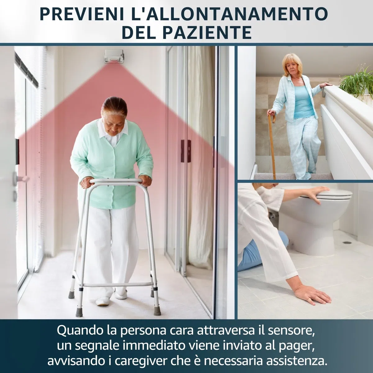 Cercapersone con 1 Sensore di Movimento e 1 Pager Portatile Sistema di Allarme da Letto per Anziani Prevenzione Cadute Teleassistenza Casa RSA Ospedali