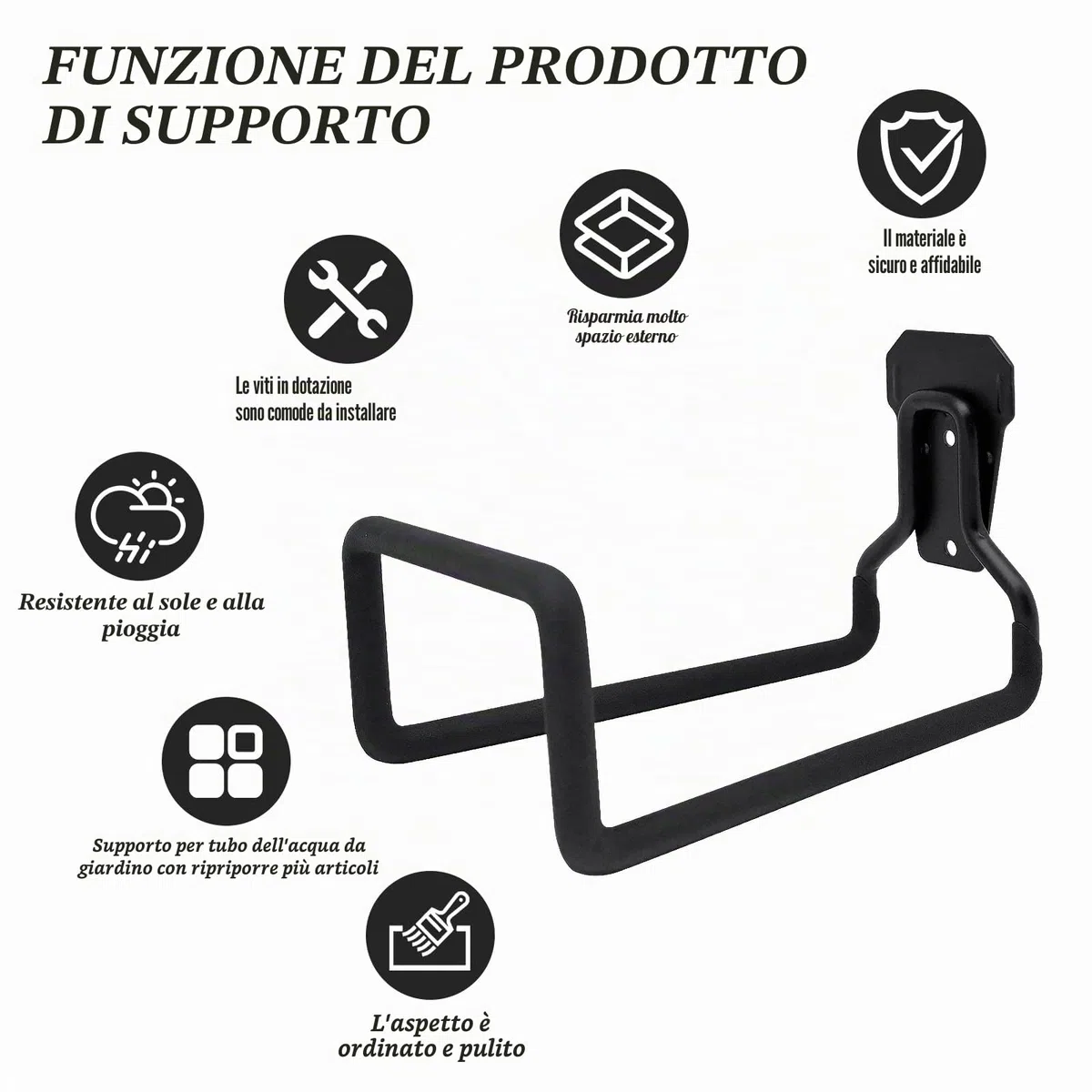 2 Pezzi Porta tubo da Giardino, Supporto a Parete in Metallo Robusto, Gancio per Tubo dell’Acqua e Cavo di Prolunga per Giardino e Esterno