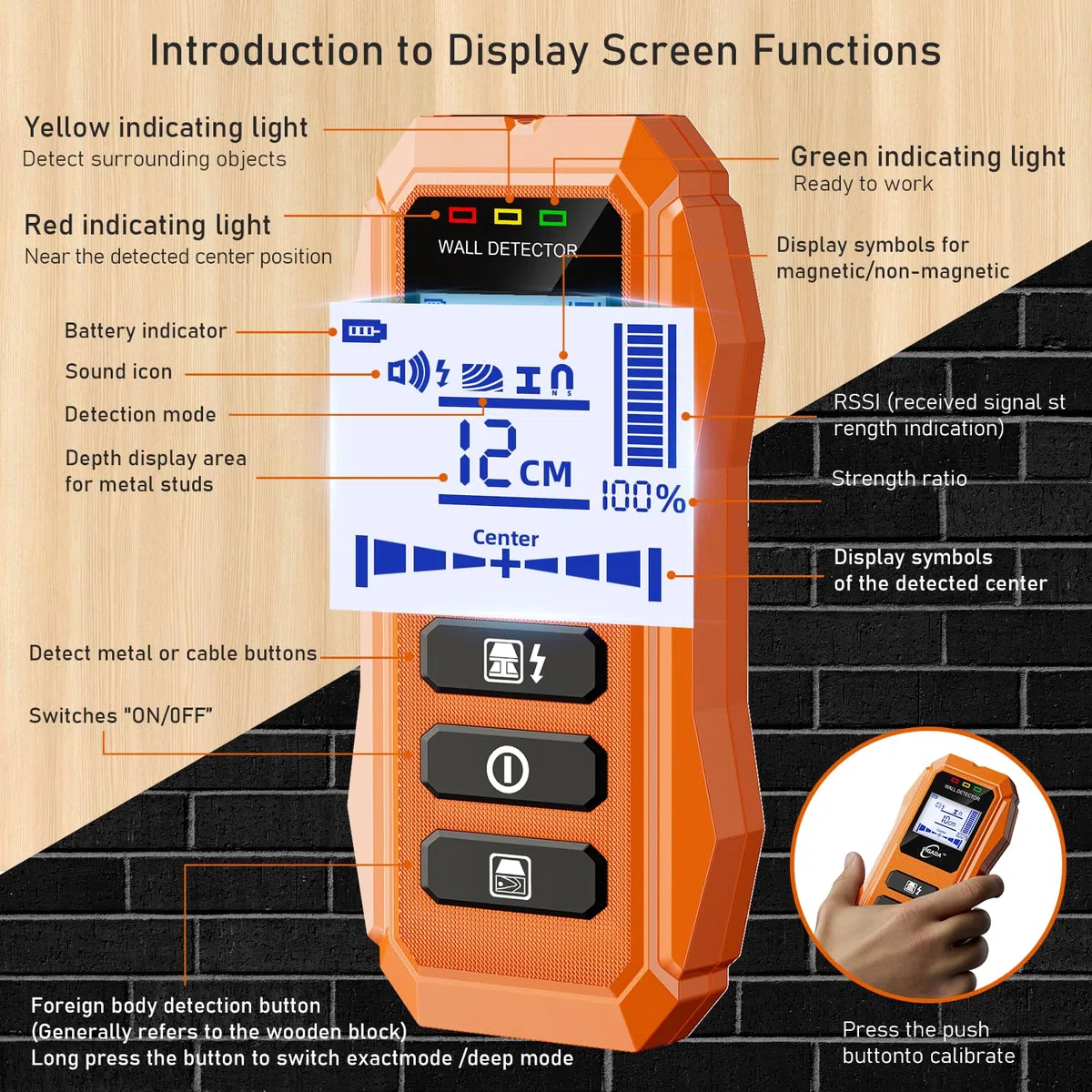 Rilevatore da Parete fino a 12 cm contiene custodia protettiva, Rilevatore di Metallo 6 In 1 con chip microprocessore intelligente Display HD LCD,Avviso Sonoro,Legna/Metallo/Magnetico/Cavi Elettrici