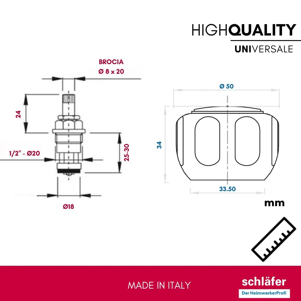 Schläfer 4503010|Kit Manopole per Rubinetto 8x20 con Vitone Meccanico 1/2" (Ø20mm), Manopole Rubinetteria Caldo e Freddo per Lavandino Bagno e Cucina, Coppia Maniglie in Metallo, Finitura Cromata