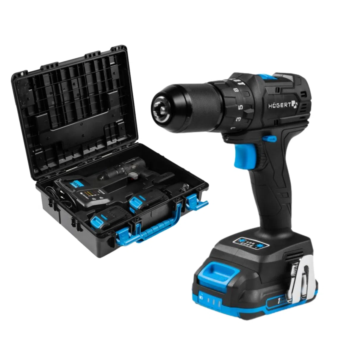 HÖGERT TECHNIK Trapano avvitatore a percussione brushless 18V 40 Nm, trapano compatto con 2 batterie 2 Ah, caricabatterie 4A e valigetta per cemento legno metallo