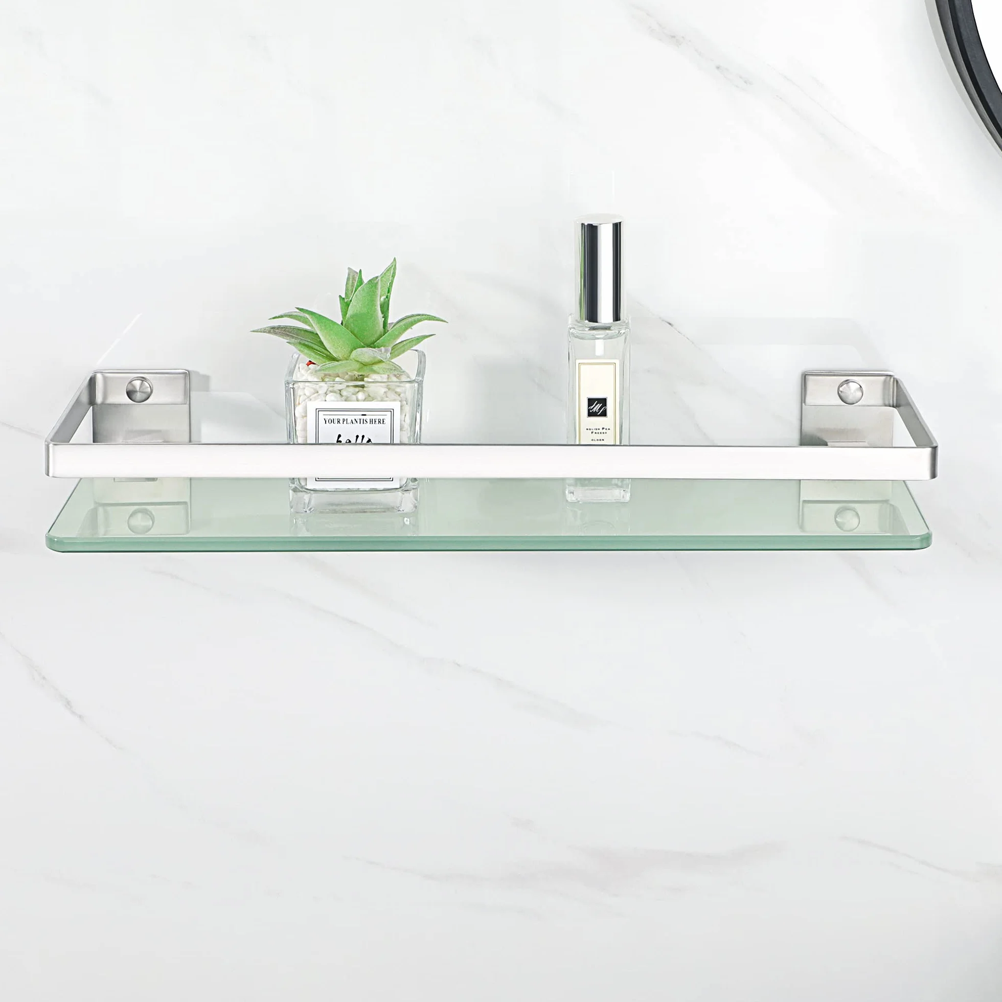 SAYAYO Mensola Doccia Vetro Mensole Bagno Vetro da Parete, in Acciaio Inox 304, Vetro Temperato Spesso con Supporto Argento 38CM, per Cucina Bagno, EGDL1001-LS