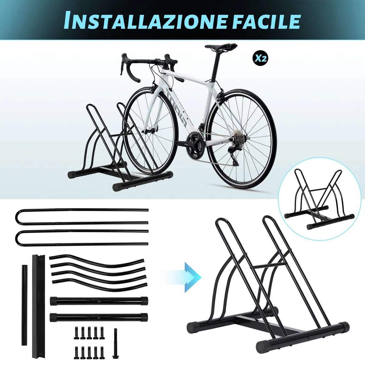WOLTU Portabici per 2 Biciclette, Portabici da Terra, per Pneumatici da 60 mm Max, in Metallo, Garage, Casa, Giardino, Nero