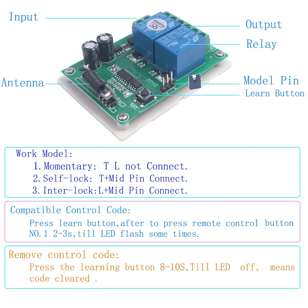 Interruttore wireless 433 MHz Interruttore di controllo remoto wireless DC 12 V 2 CH, modulo interruttore ricevitore relè a 2 canali DC12 V, relè a leva (12 V-2 telecomando)