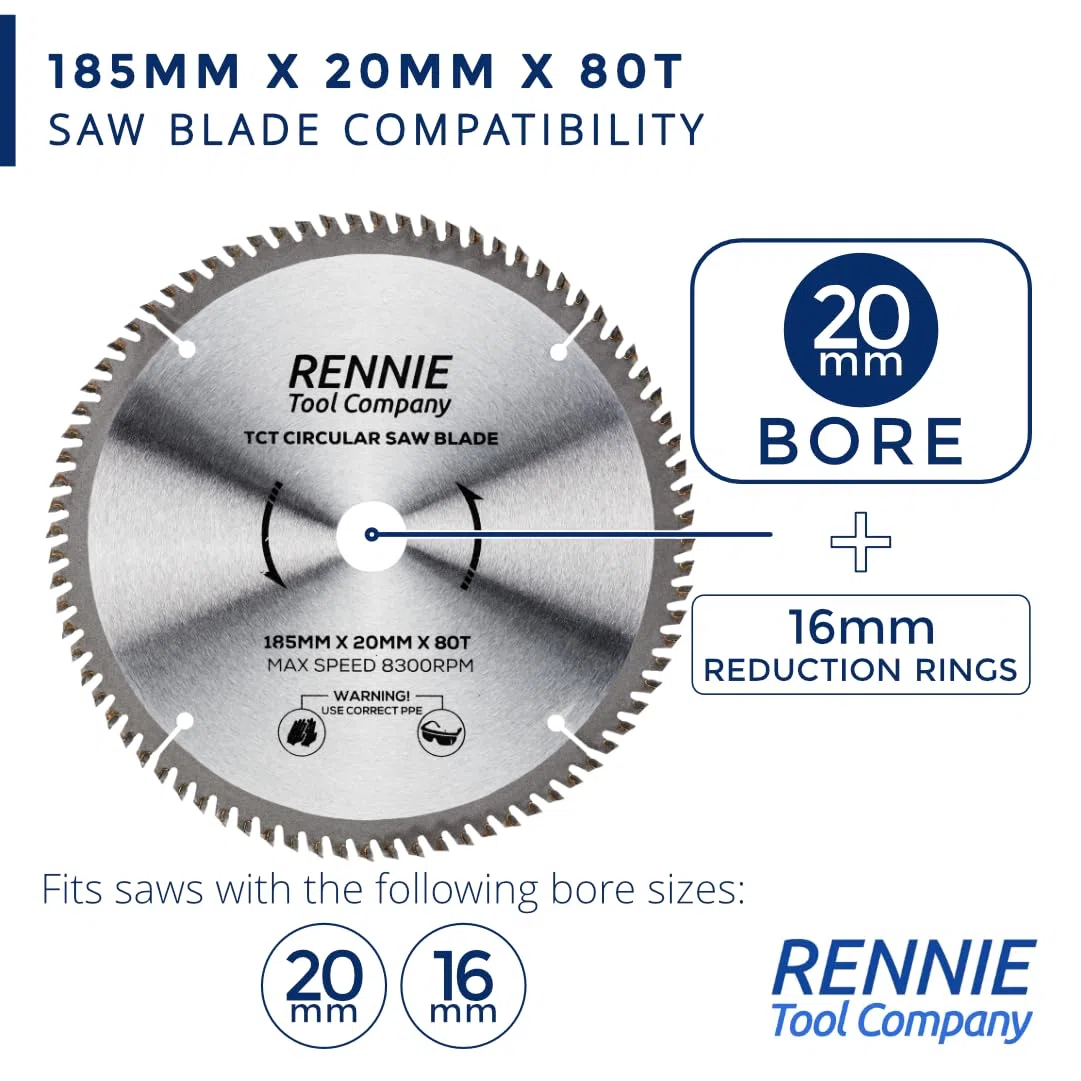 Lama per sega circolare da 185 mm x 20 mm x 80 denti, per tagli fini da 20 mm + anelli di riduzione del foro da 16 mm, adatta per seghe circolari Evolution Bosch, Makita, Ryobi, DeWalt, ecc