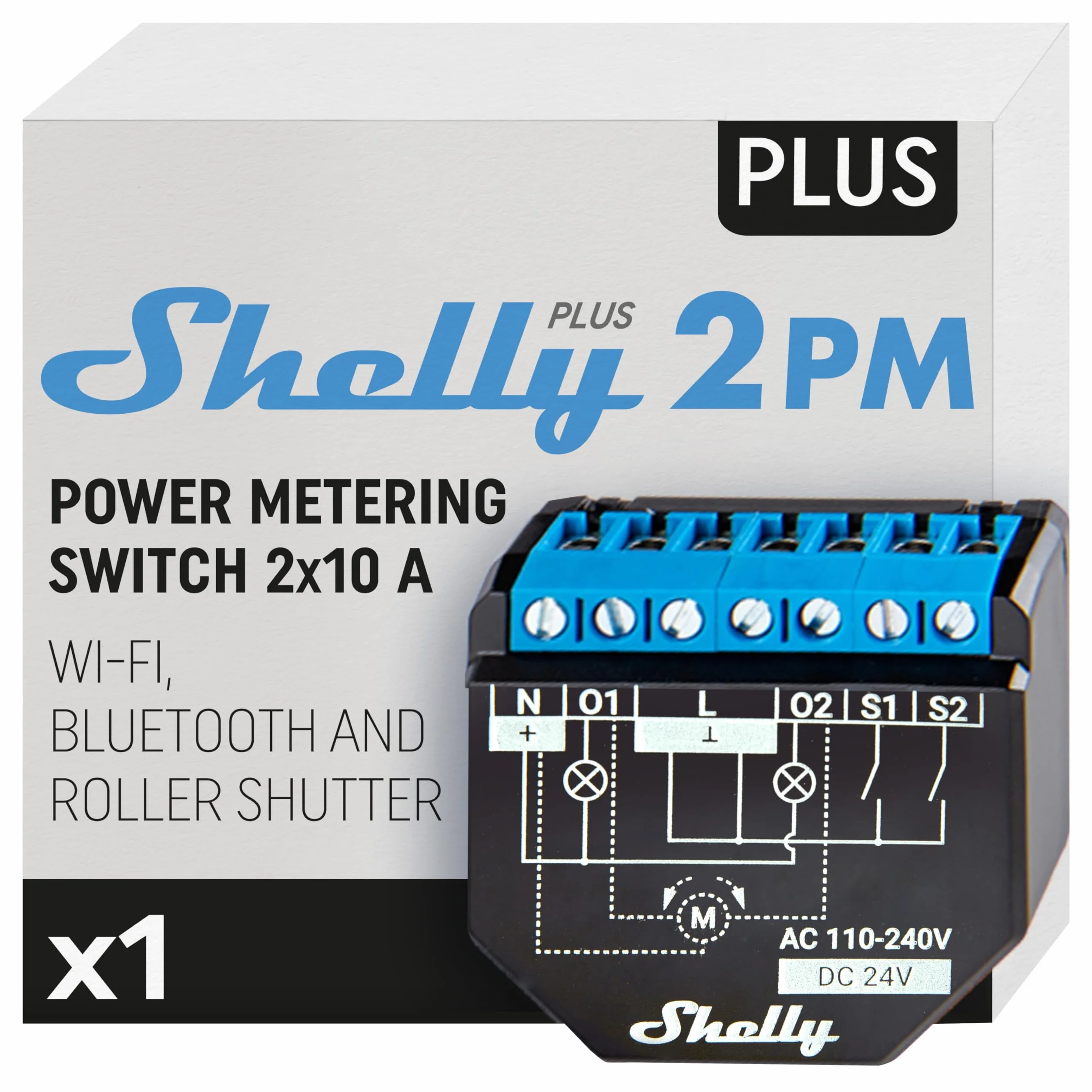 Shelly Plus 2PM interruttore Relè Wi-Fi a 2 canali, consente controllo di luci e interruttori o apertura e chiusura di tapparelle e misurazione della potenza rilevata, nero