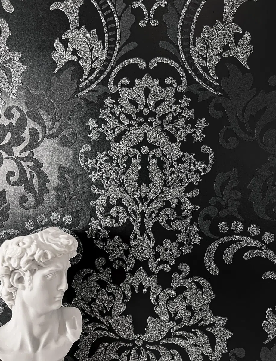 Newroom Tapete Schwarz Vlies Barock Ornamente - Vintage Glitzer Damast Mustertapete für Wohnzimmer Schlafzimmer
